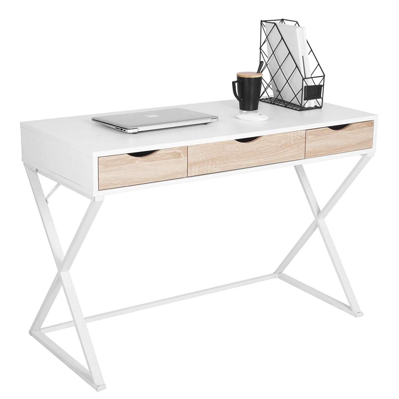 24goodz Study Desk - Elegant & Stable Design - Plenty of Storage Space - E1 Grade MDF + Steel - White + Wood - ws