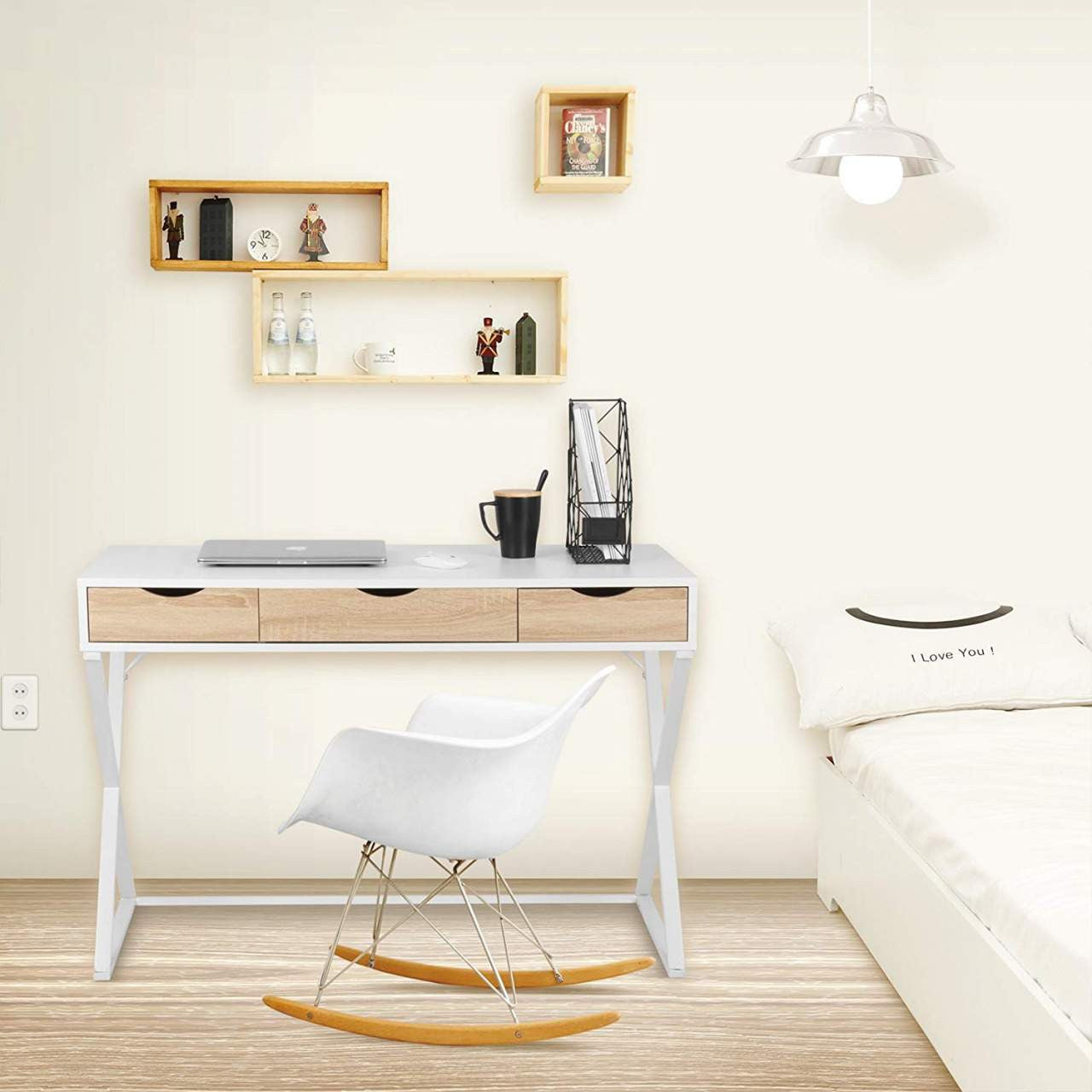 24goodz Study Desk - Elegant & Stable Design - Plenty of Storage Space - E1 Grade MDF + Steel - White + Wood - ws