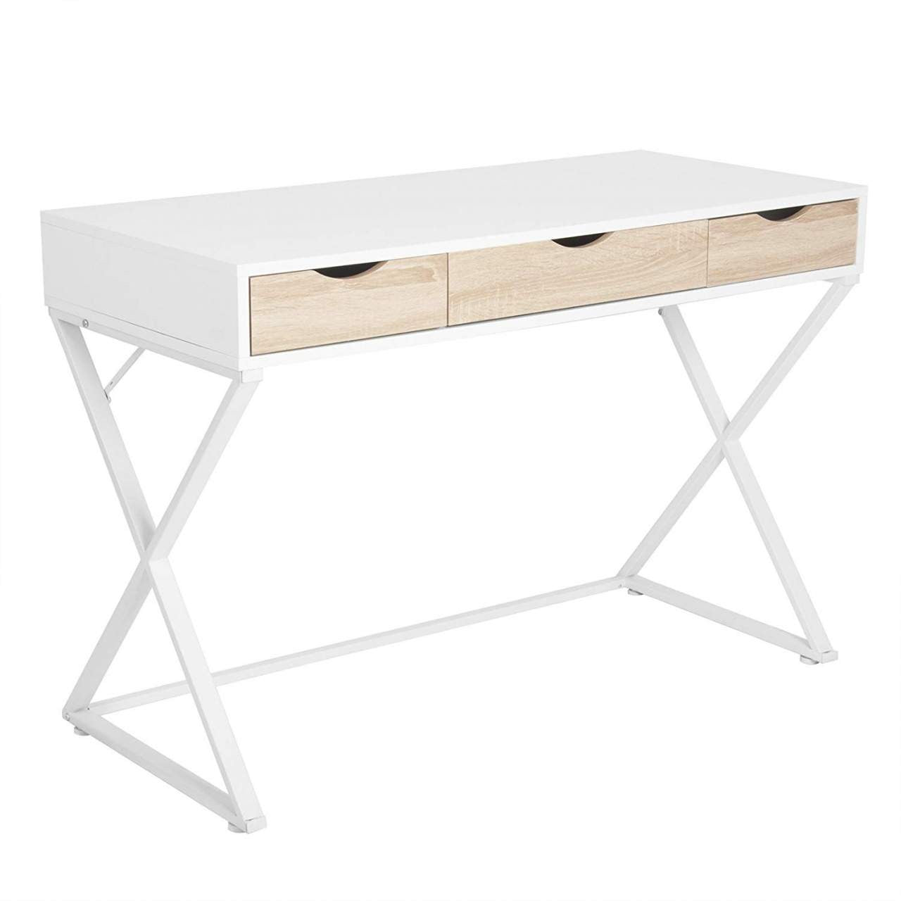 24goodz Study Desk - Elegant & Stable Design - Plenty of Storage Space - E1 Grade MDF + Steel - White + Wood - ws
