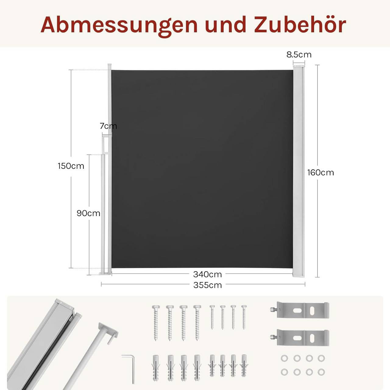 24goodz Retractable Side Awning - Excellent Privacy Protection - UV and Wind Resistant - Polyester - For Balconies and Patios - Anthracite/Cream 160 x 350 cm