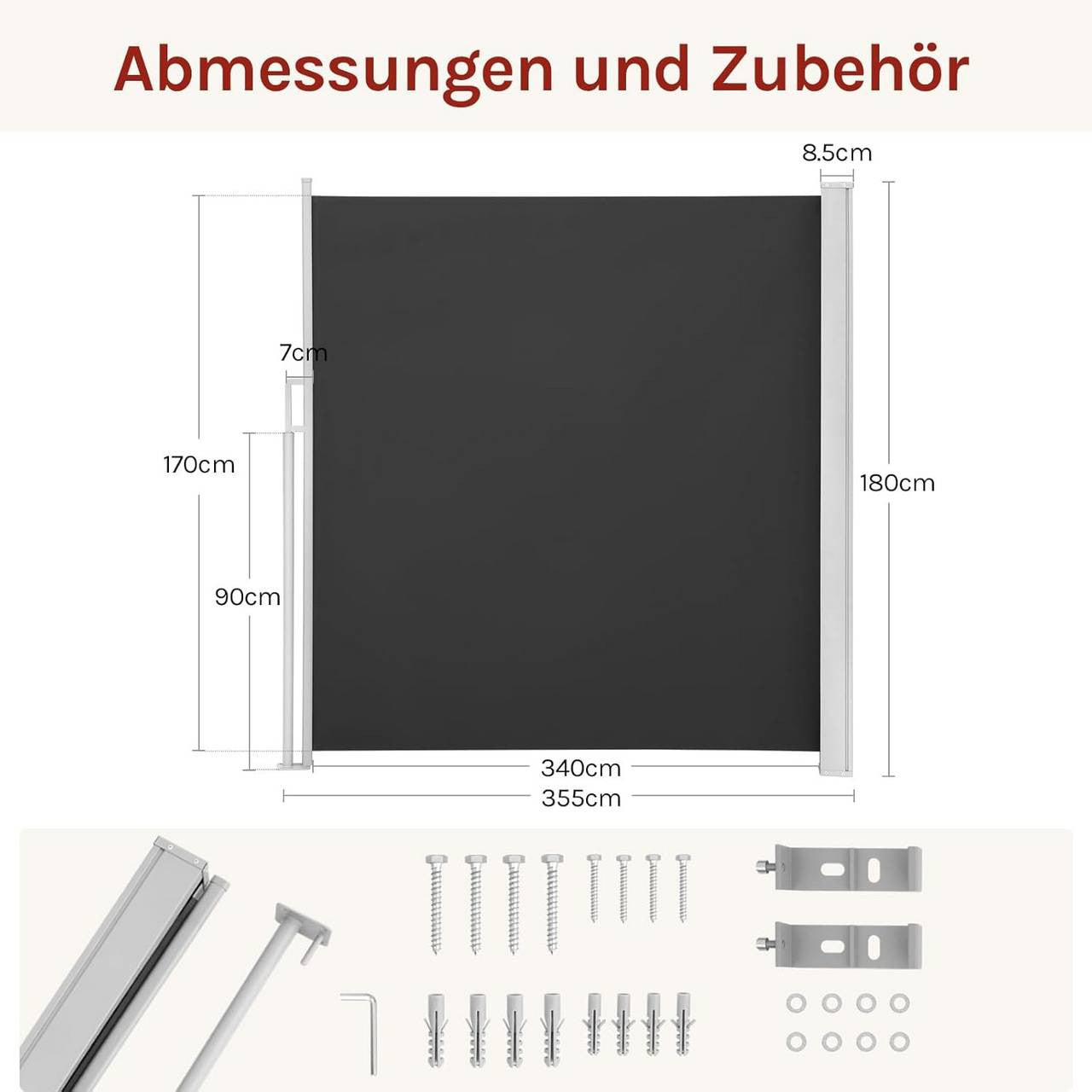 24goodz Retractable Side Awning - Excellent Privacy Protection - UV and Wind Resistant - Polyester - For Balconies and Patios - Anthracite/Cream 180 x 350 cm