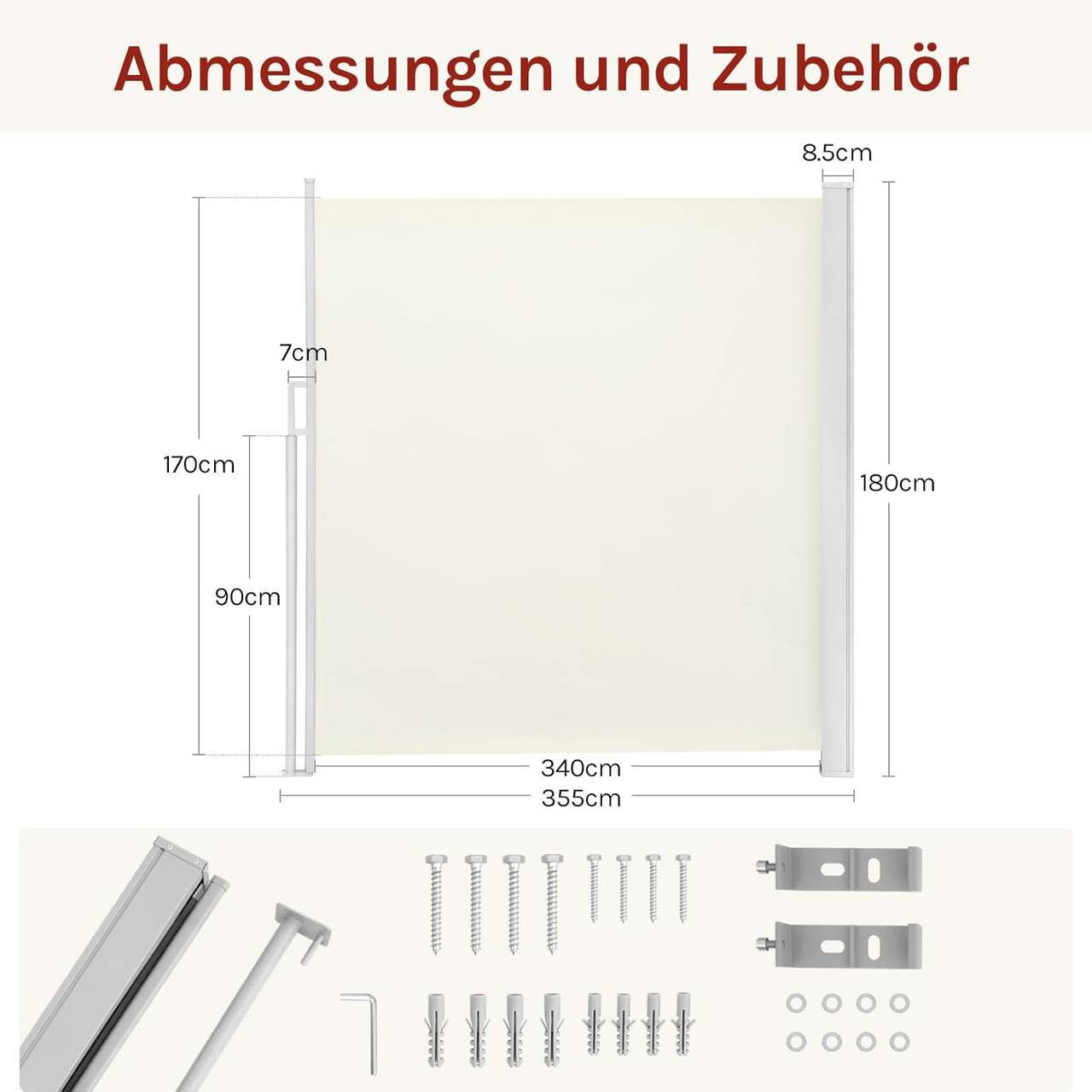 24goodz Retractable Side Awning - Adjustable Length for Privacy - UV and Wind Resistant - Polyester - For Balconies and Patios - Anthracite/Cream 180x350 cm