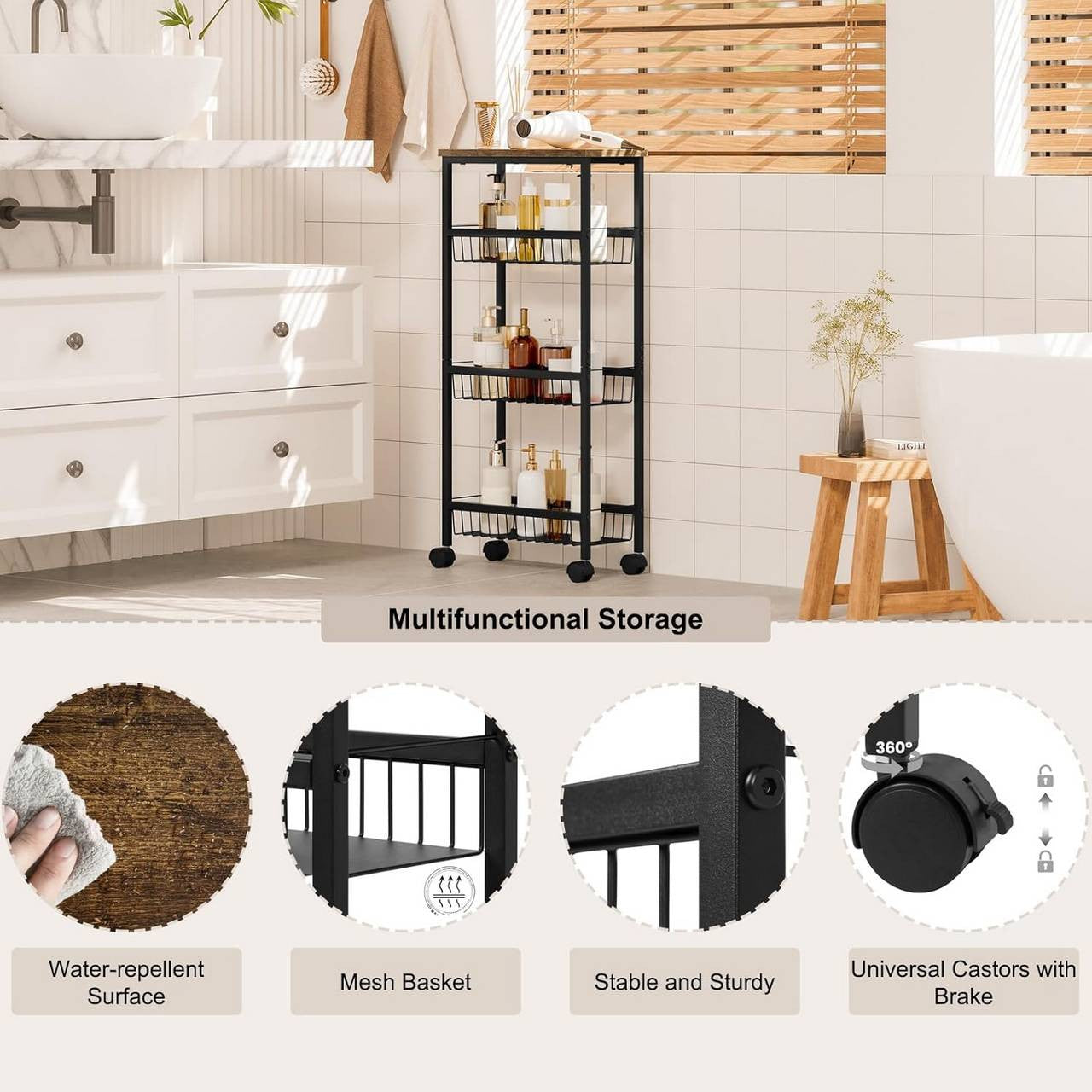 24goodz Kitchen Trolley with Worktop - Large Storage Capacity - Durable & Stable - MDF + Metal - Black with Vintage Wood Look - 40 x 87 x 20 cm