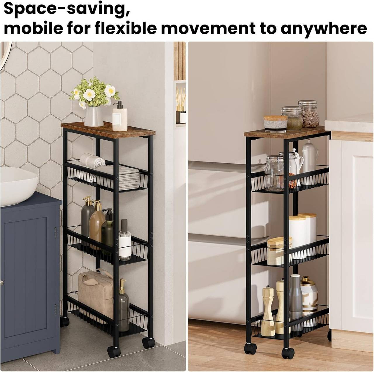 24goodz Kitchen Trolley with Worktop - Large Storage Capacity - Durable & Stable - MDF + Metal - Black with Vintage Wood Look - 40 x 87 x 20 cm