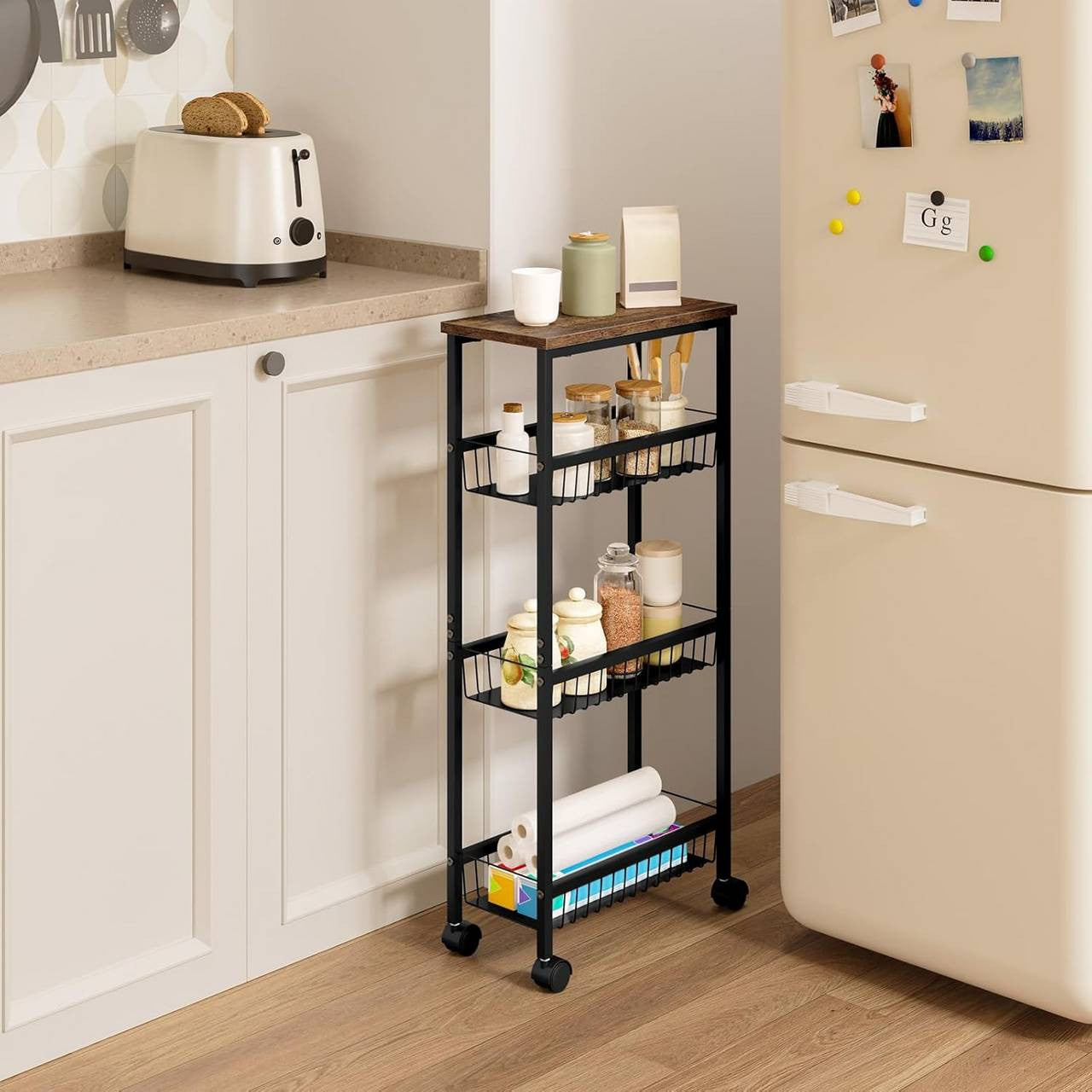 24goodz Kitchen Trolley with Worktop - Large Storage Capacity - Durable & Stable - MDF + Metal - Black with Vintage Wood Look - 40 x 87 x 20 cm