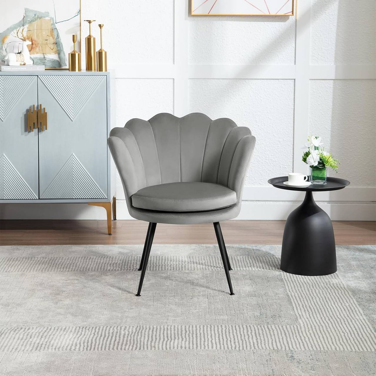 24goodz Flower-Shaped Armchair - Unique Floral Design - High-Quality Velvet - For Relaxation and Work - Grey