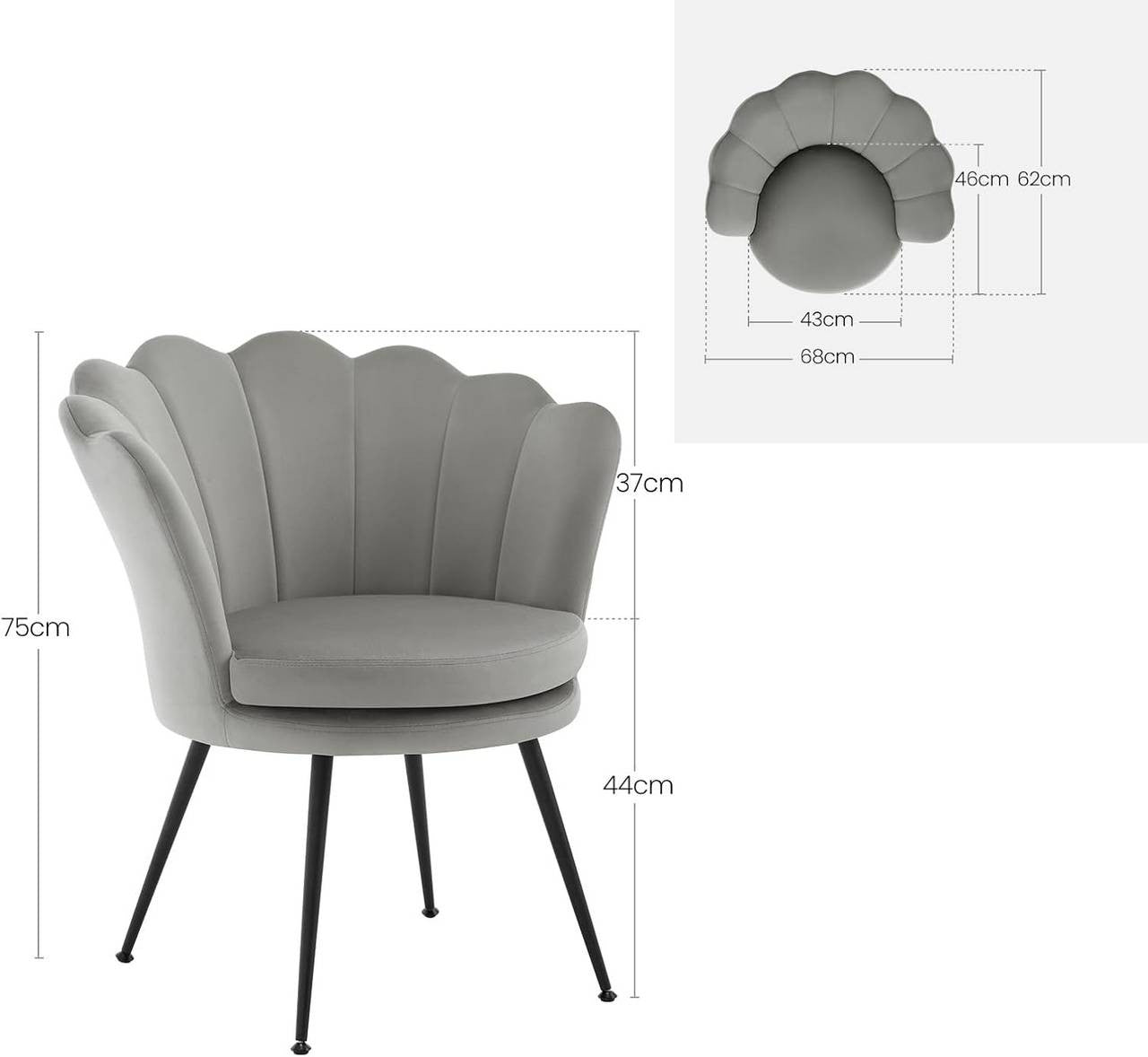 24goodz Flower-Shaped Armchair - Unique Floral Design - High-Quality Velvet - For Relaxation and Work - Grey