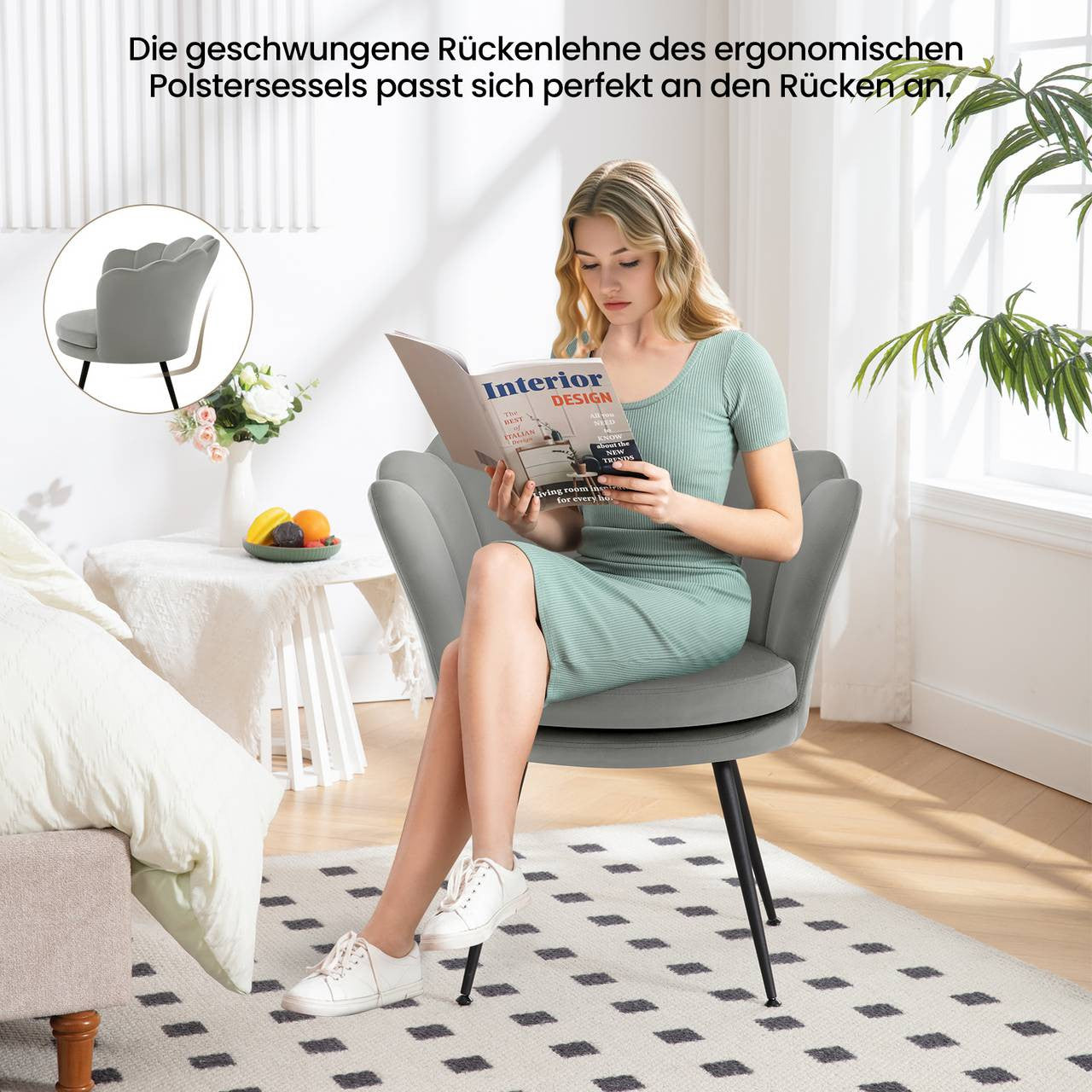 24goodz Flower-Shaped Armchair - Unique Floral Design - High-Quality Velvet - For Relaxation and Work - Grey