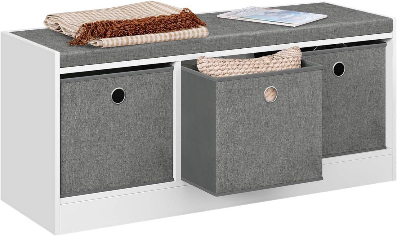 24goodz Storage Bench with 3 Fabric Drawers - Comfortable Seating - MDF + Polyester - Grey + White - 102 x 45.5 x 32 cm