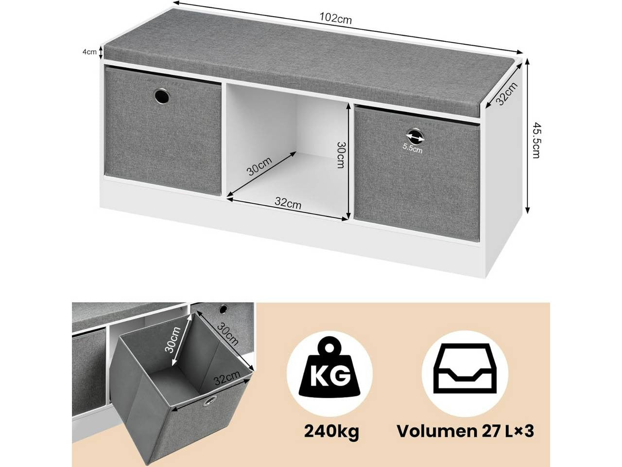 24goodz Storage Bench with 3 Fabric Drawers - Comfortable Seating - MDF + Polyester - Grey + White - 102 x 45.5 x 32 cm