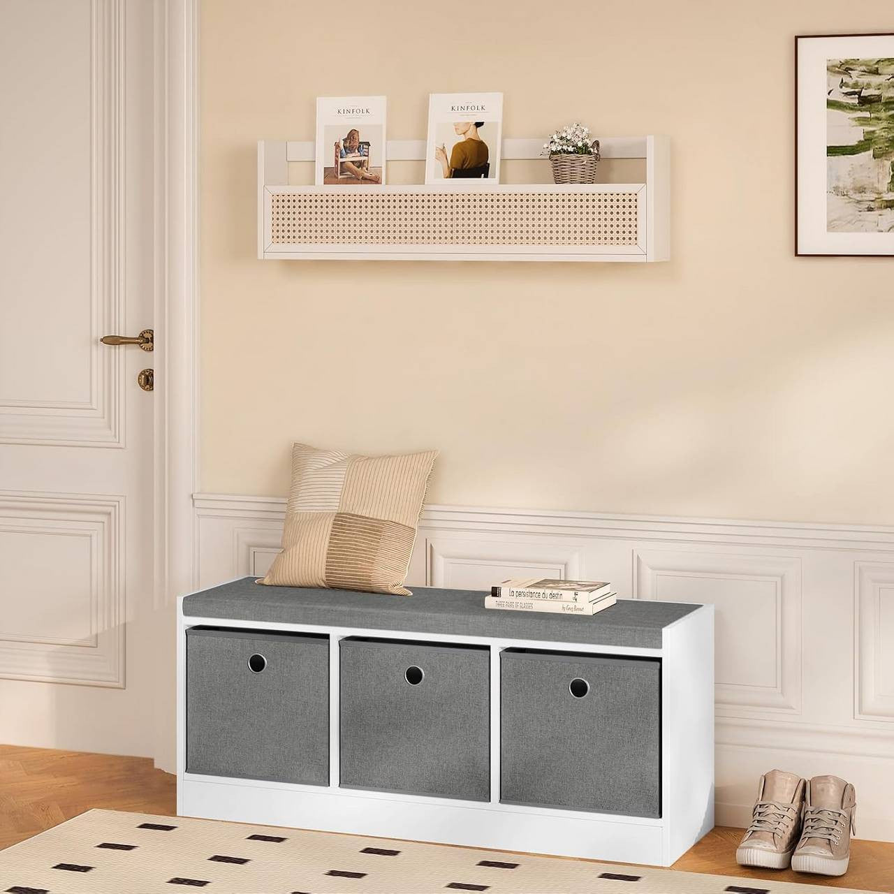 24goodz Storage Bench with 3 Fabric Drawers - Comfortable Seating - MDF + Polyester - Grey + White - 102 x 45.5 x 32 cm