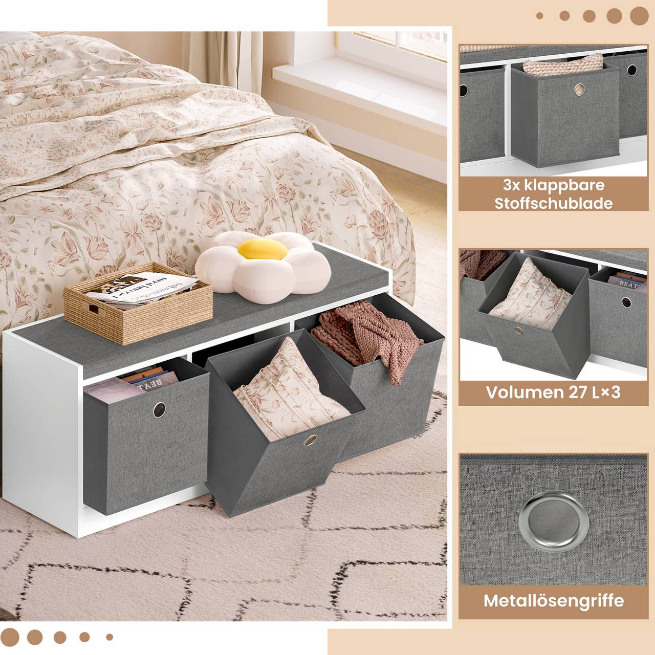 24goodz Storage Bench with 3 Fabric Drawers - Comfortable Seating - MDF + Polyester - Grey + White - 102 x 45.5 x 32 cm