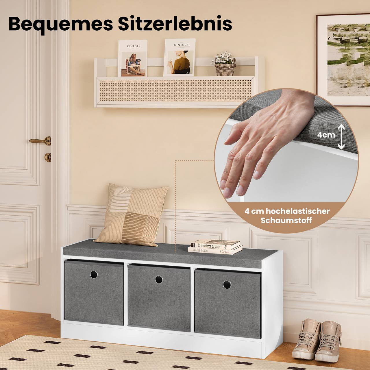 24goodz Storage Bench with 3 Fabric Drawers - Comfortable Seating - MDF + Polyester - Grey + White - 102 x 45.5 x 32 cm