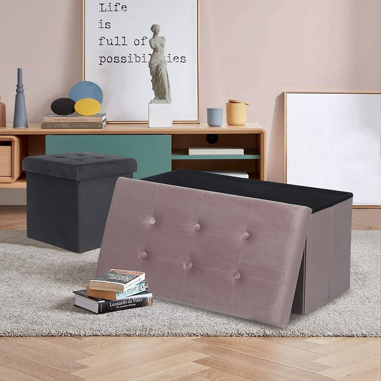 24goodz Foldable Storage Bench with Footrest - Spacious 80L Capacity - Velvet - For Home Use - Pink - rs