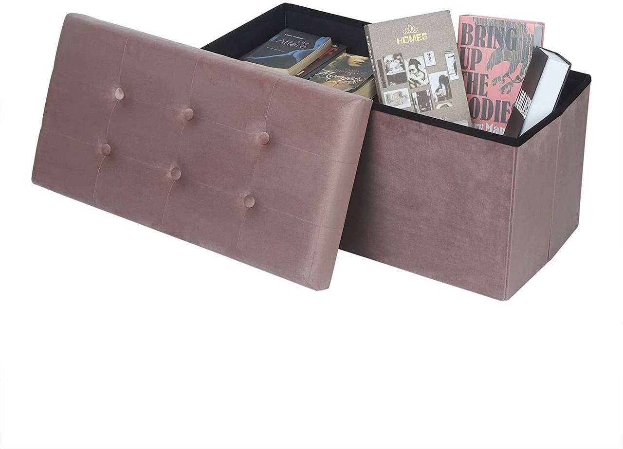 24goodz Foldable Storage Bench with Footrest - Spacious 80L Capacity - Velvet - For Home Use - Pink - rs