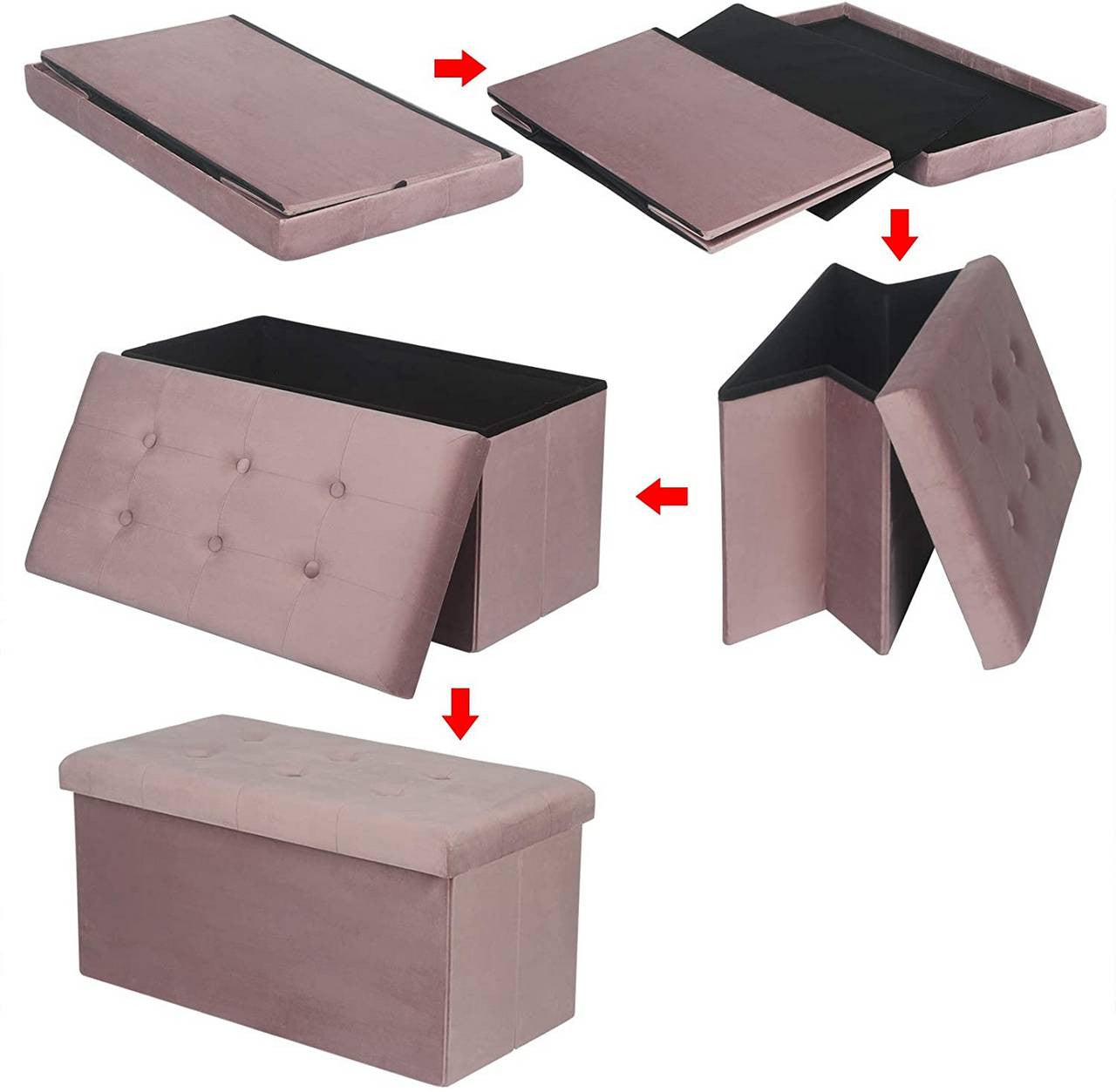 24goodz Foldable Storage Bench with Footrest - Spacious 80L Capacity - Velvet - For Home Use - Pink - rs