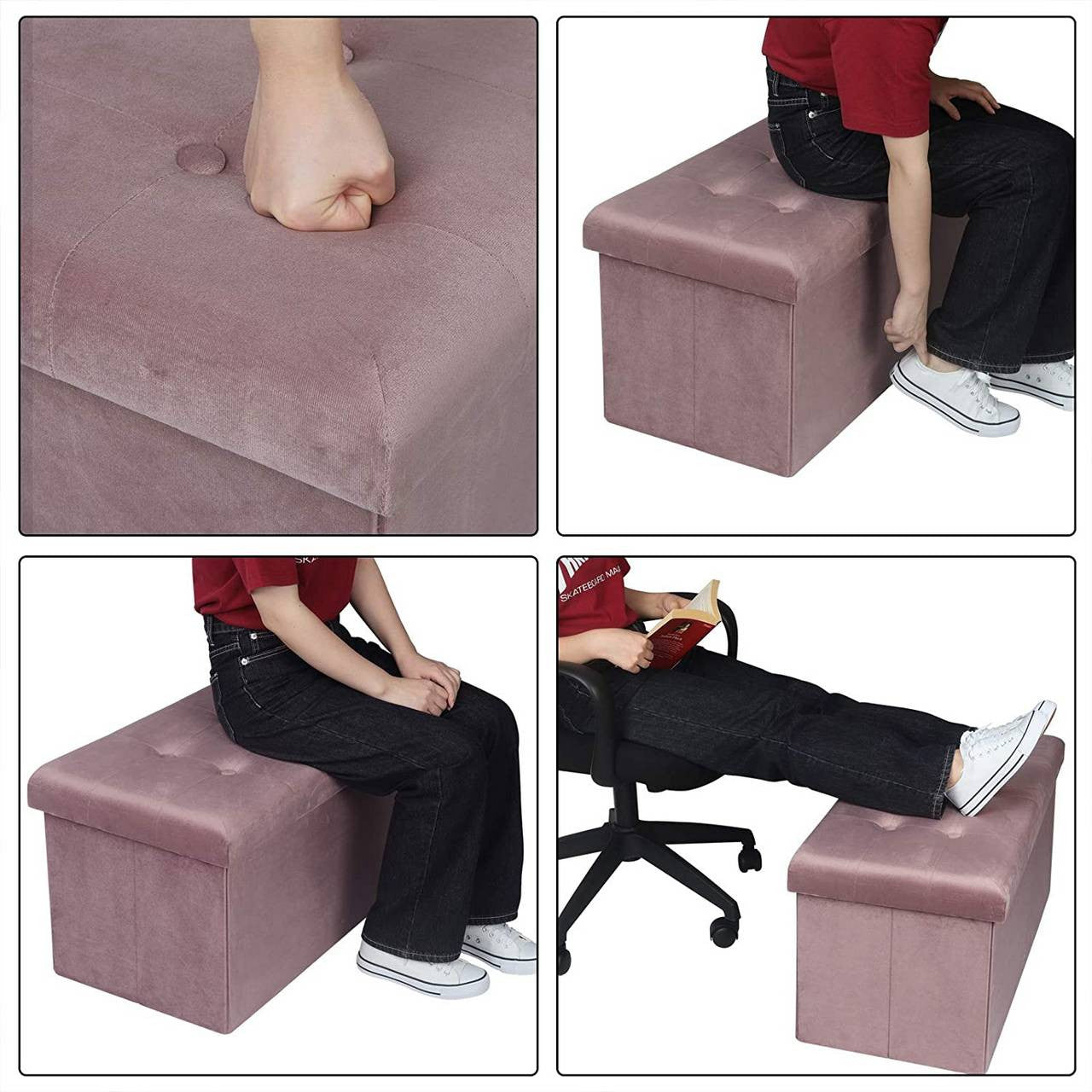 24goodz Foldable Storage Bench with Footrest - Spacious 80L Capacity - Velvet - For Home Use - Pink - rs