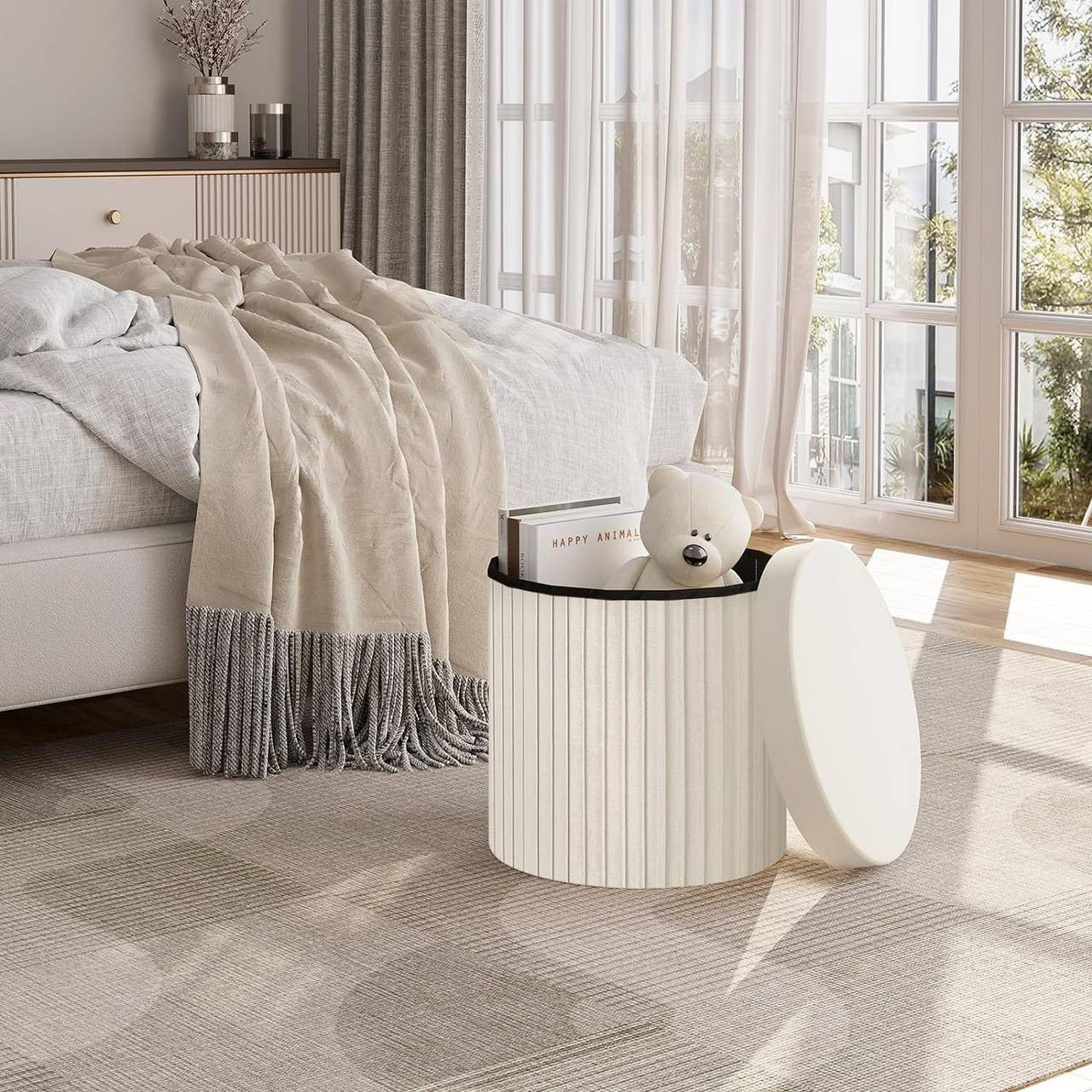 24goodz Foldable Velvet Storage Stool - Soft & Robust - Spacious Storage - MDF - For Home Use - Cream