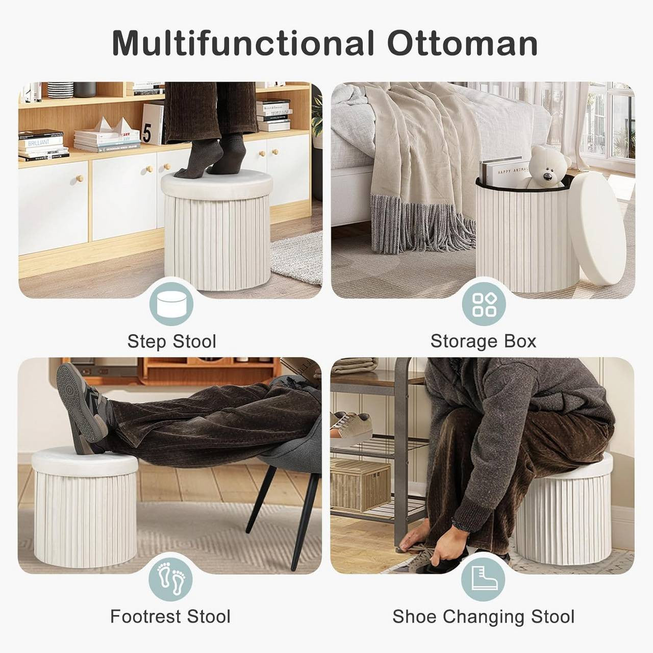 24goodz Foldable Velvet Storage Stool - Soft & Robust - Spacious Storage - MDF - For Home Use - Cream