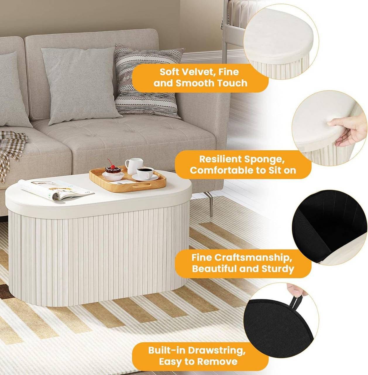 24goodz Velvet Storage Ottoman - Stylish and Comfortable - MDF - For Home Use - Cream