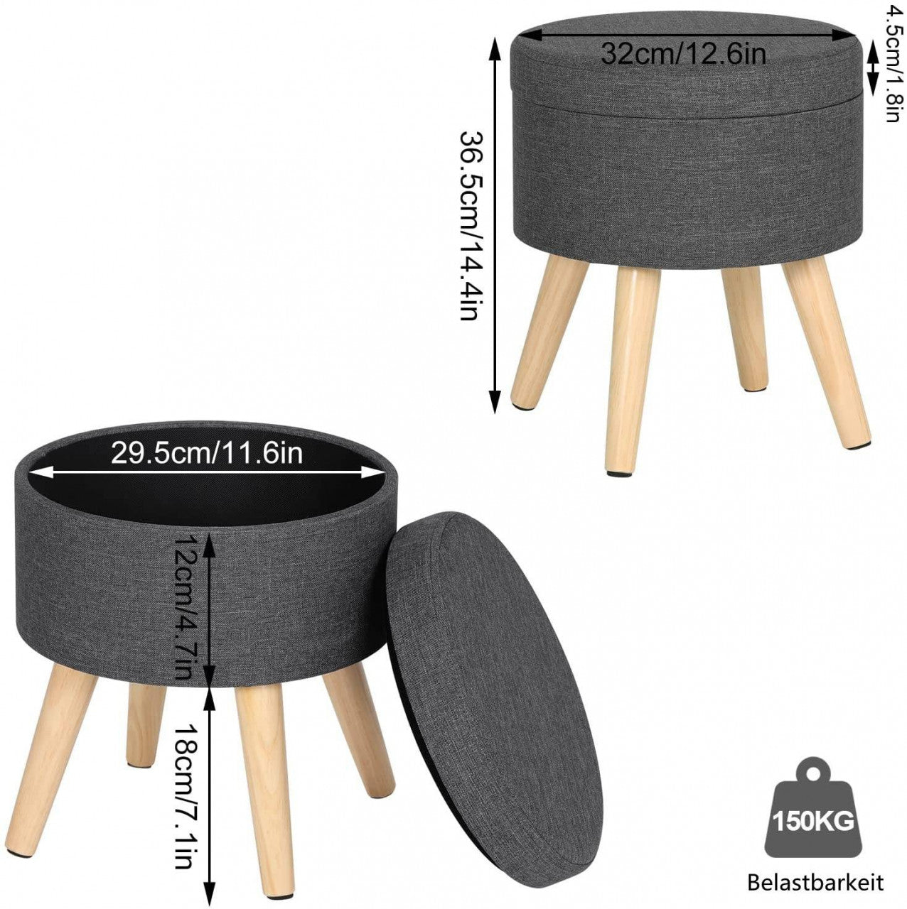 24goodz Storage Stool with Removable Lid - Comfortable and Versatile - MDF and Linen - Dark Grey - dgr