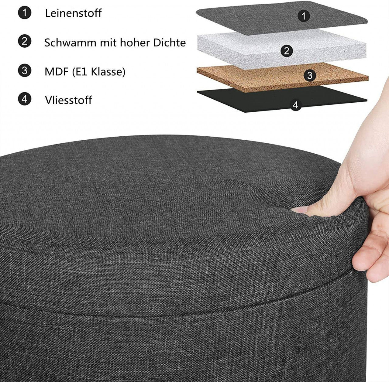 24goodz Storage Stool with Removable Lid - Comfortable and Versatile - MDF and Linen - Dark Grey - dgr