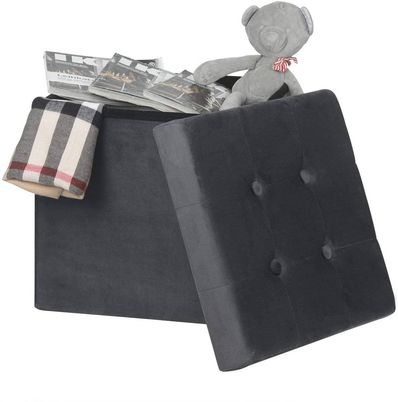 24goodz Velvet Storage Stool SH69 - Spacious 38L Storage - Comfortable Seating - MDF - For Home Use - Grey