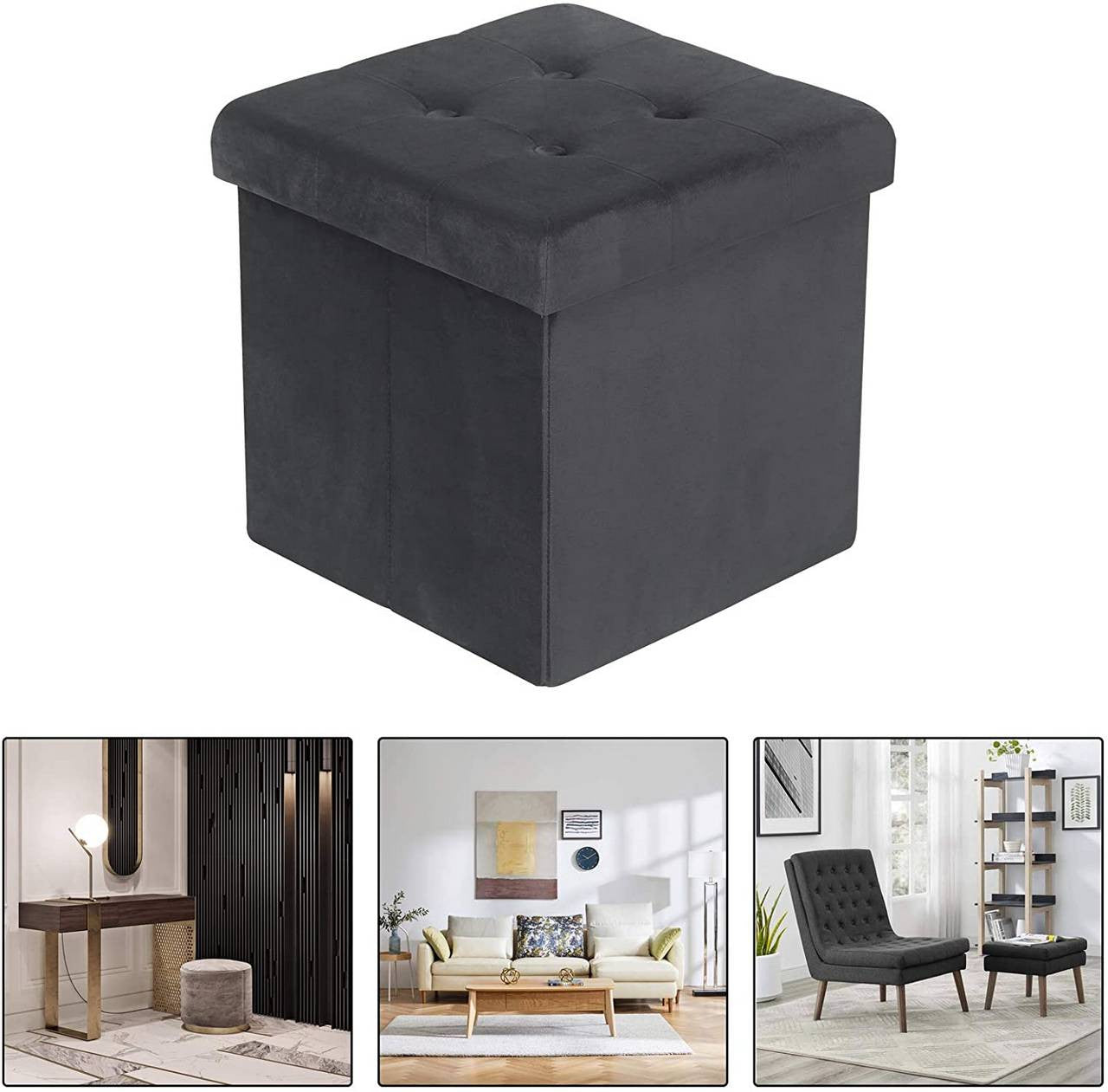 24goodz Velvet Storage Stool SH69 - Spacious 38L Storage - Comfortable Seating - MDF - For Home Use - Grey