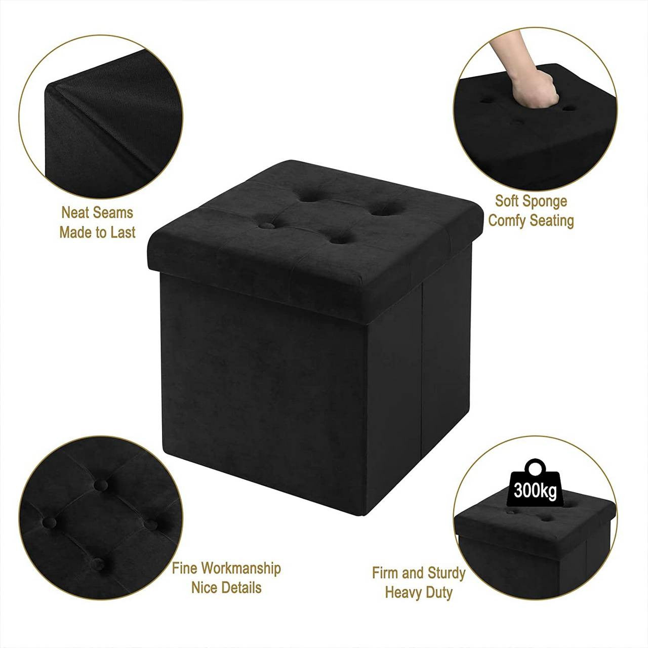 24goodz Velvet Storage Stool SH69 - Spacious 38L Storage - Comfortable Seating - MDF - For Home Use - Black/Gray - sz