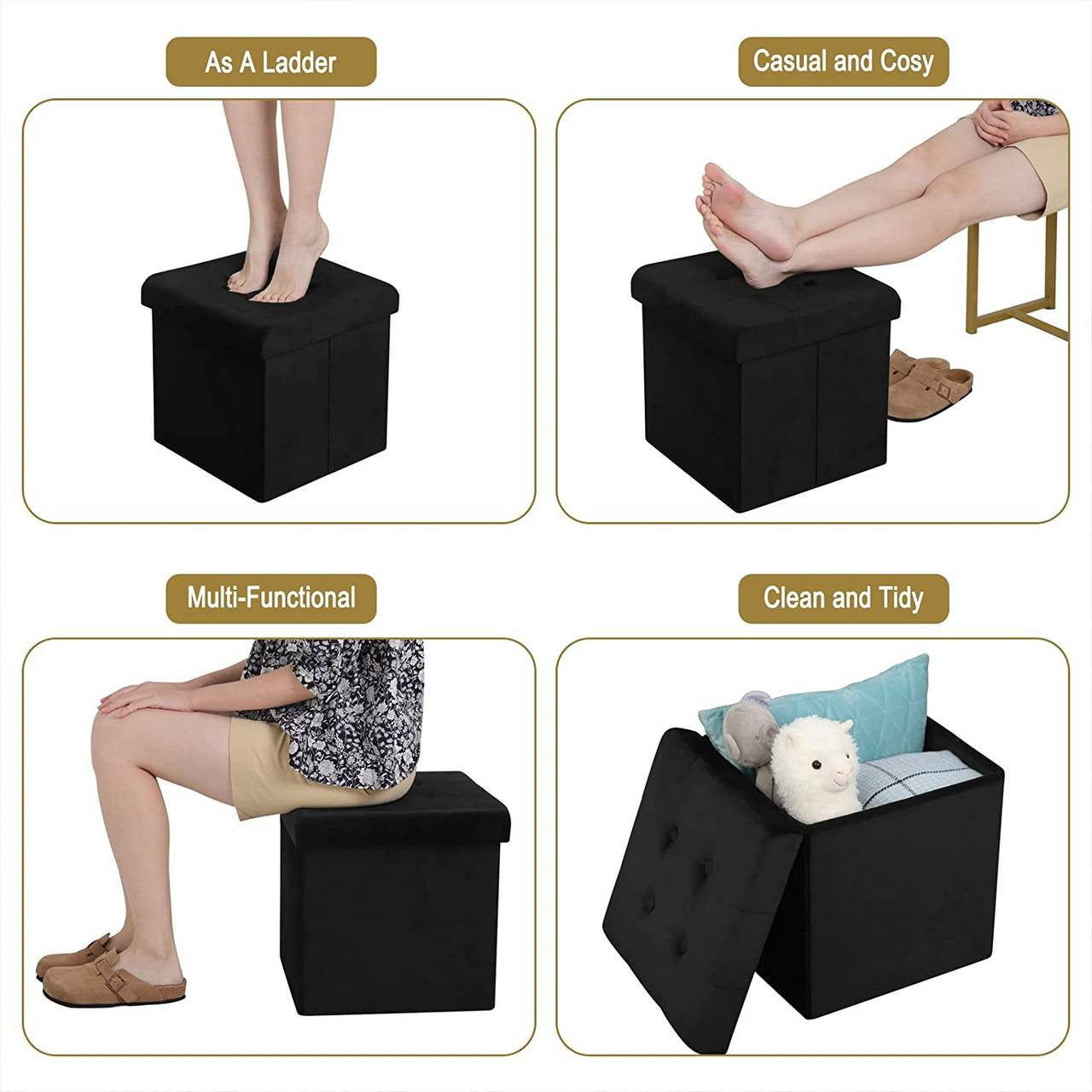 24goodz Velvet Storage Stool SH69 - Spacious 38L Storage - Comfortable Seating - MDF - For Home Use - Black/Gray - sz