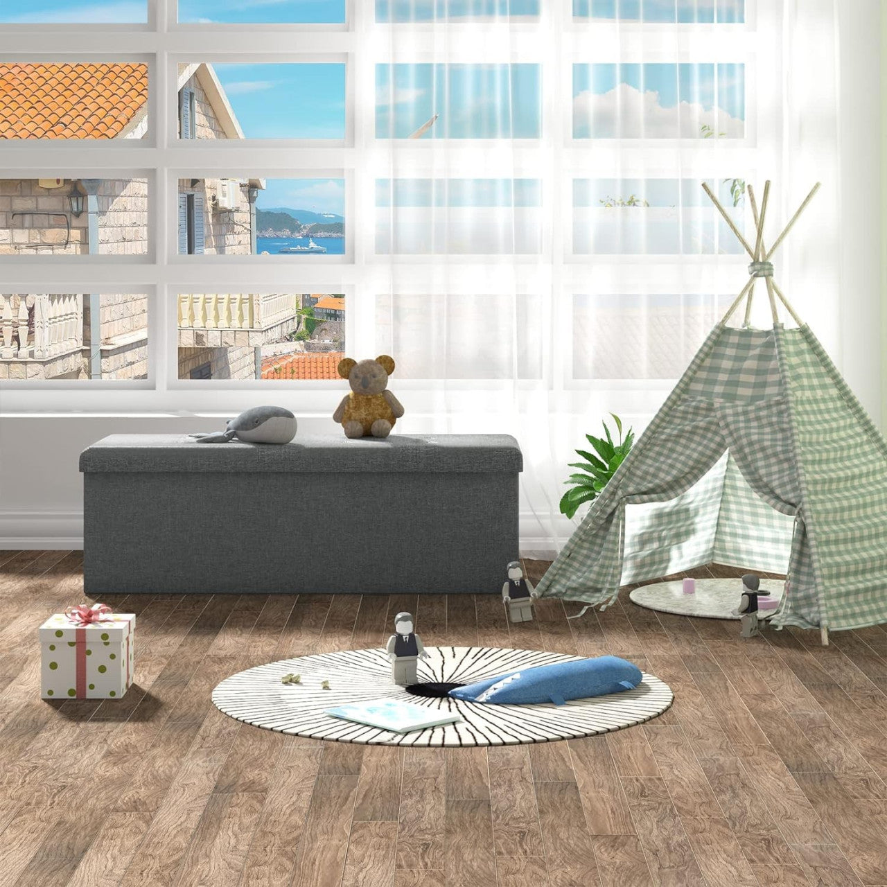24goodz Storage Ottoman - Incredible 118L Capacity - Foldable Design - Linen - Dark Grey - dgr