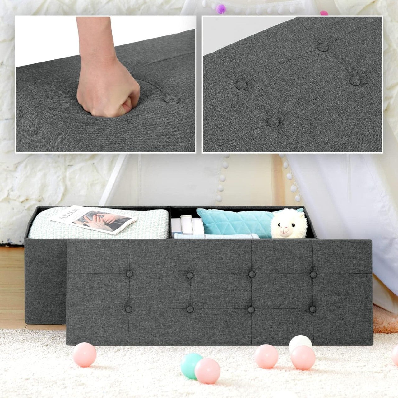 24goodz Storage Ottoman - Incredible 118L Capacity - Foldable Design - Linen - Dark Grey - dgr