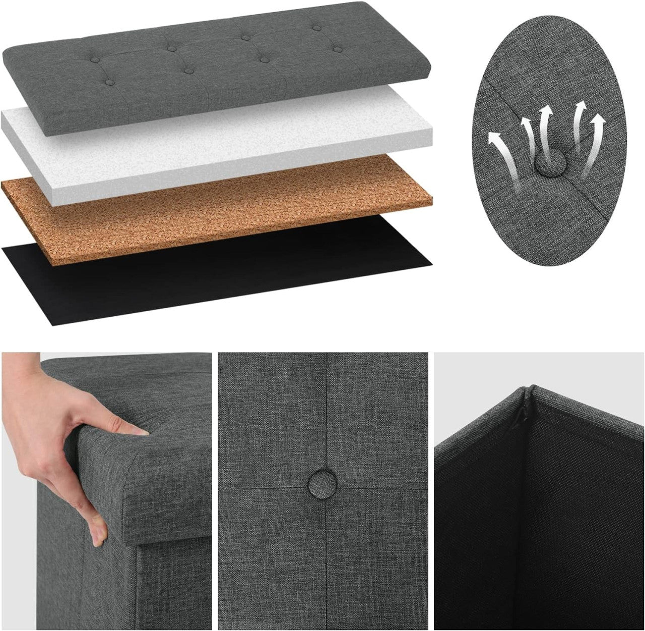 24goodz Storage Ottoman - Incredible 118L Capacity - Foldable Design - Linen - Dark Grey - dgr