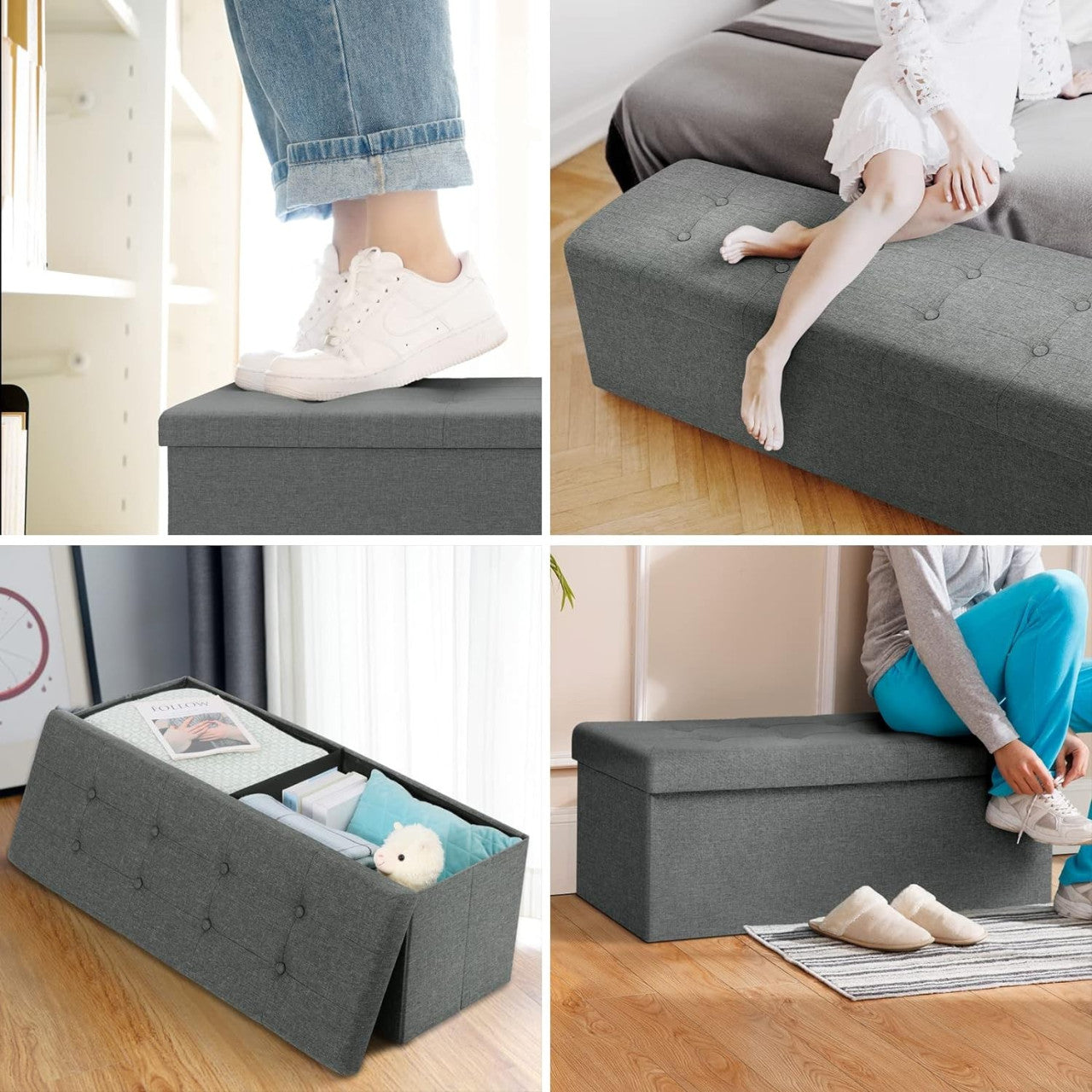 24goodz Storage Ottoman - Incredible 118L Capacity - Foldable Design - Linen - Dark Grey - dgr