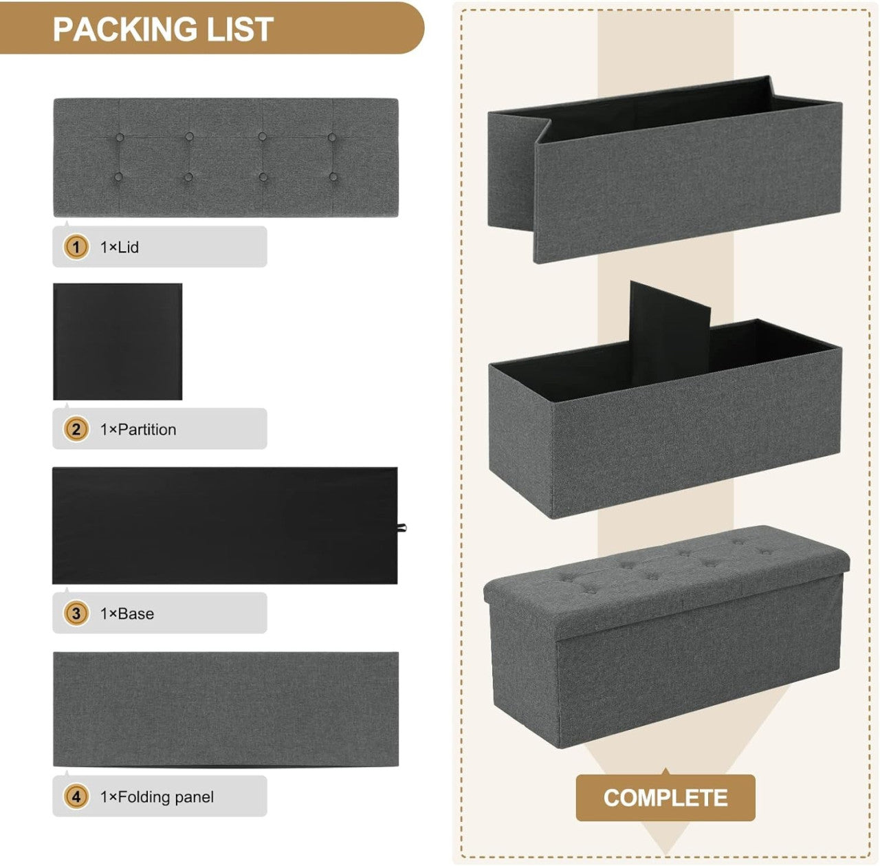 24goodz Storage Ottoman - Incredible 118L Capacity - Foldable Design - Linen - Dark Grey - dgr