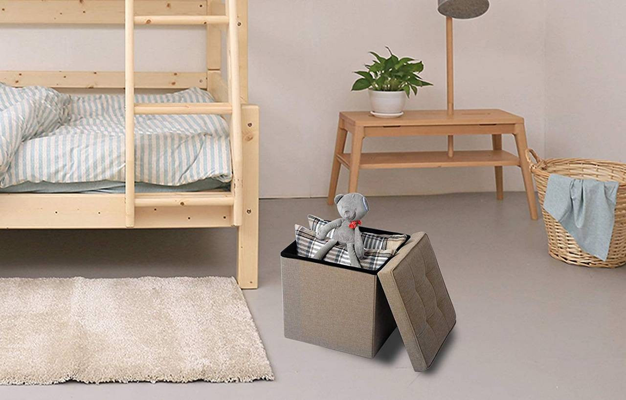 24goodz Folding Storage Stool - Ample Storage Space - Comfortable Linen Seat - MDF - Versatile Use - Beige - cm