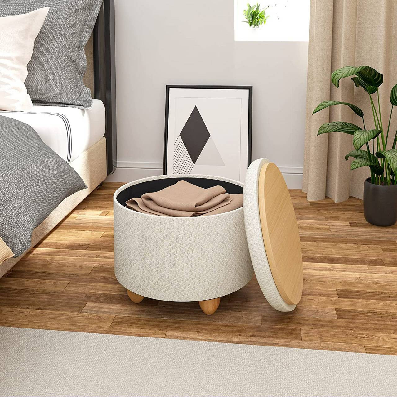 24goodz Round Storage Stool - Comfortable and Stylish - MDF and Pine Wood - For Home Use - Cream White - cm