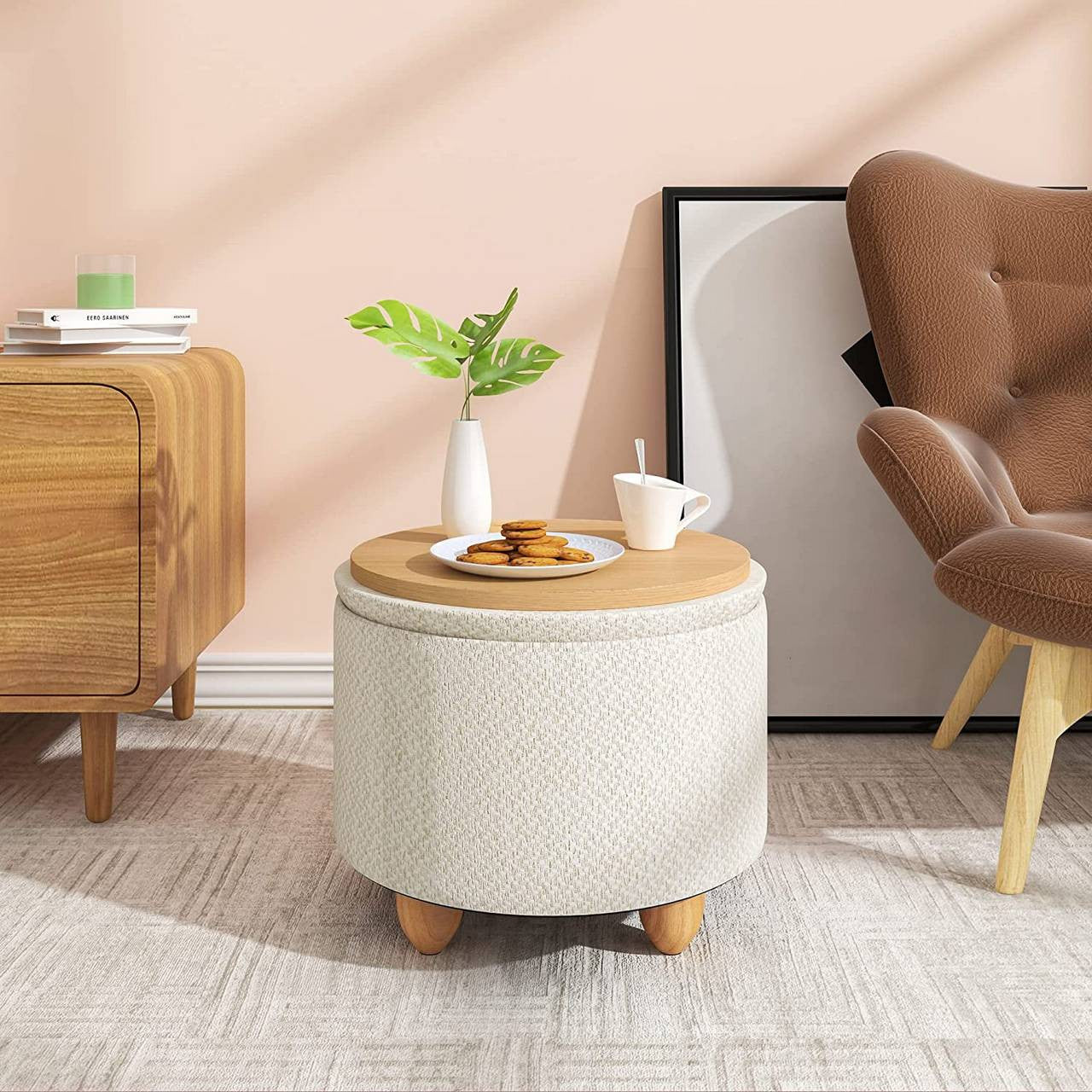 24goodz Round Storage Stool - Comfortable and Stylish - MDF and Pine Wood - For Home Use - Cream White - cm