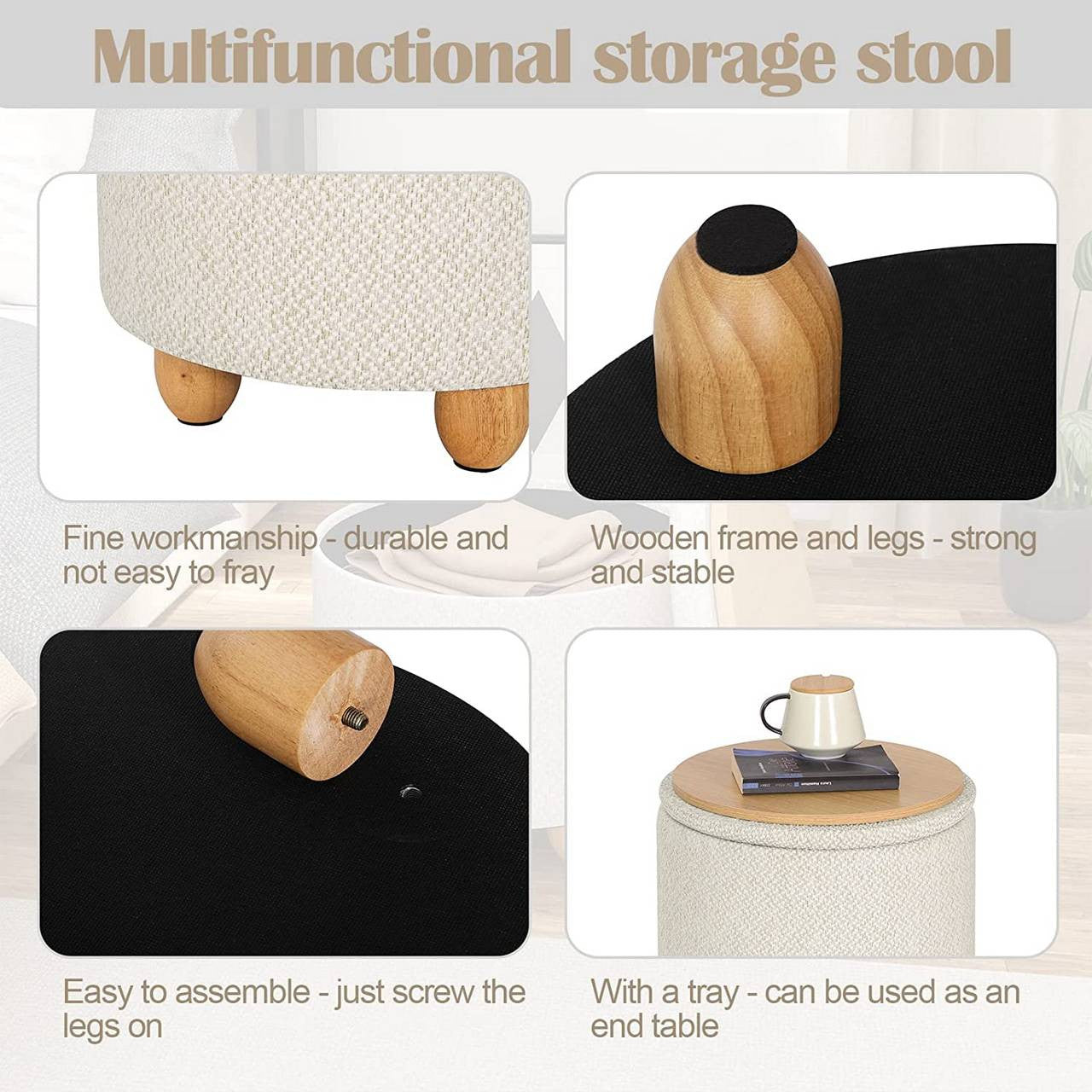 24goodz Round Storage Stool - Comfortable and Stylish - MDF and Pine Wood - For Home Use - Cream White - cm