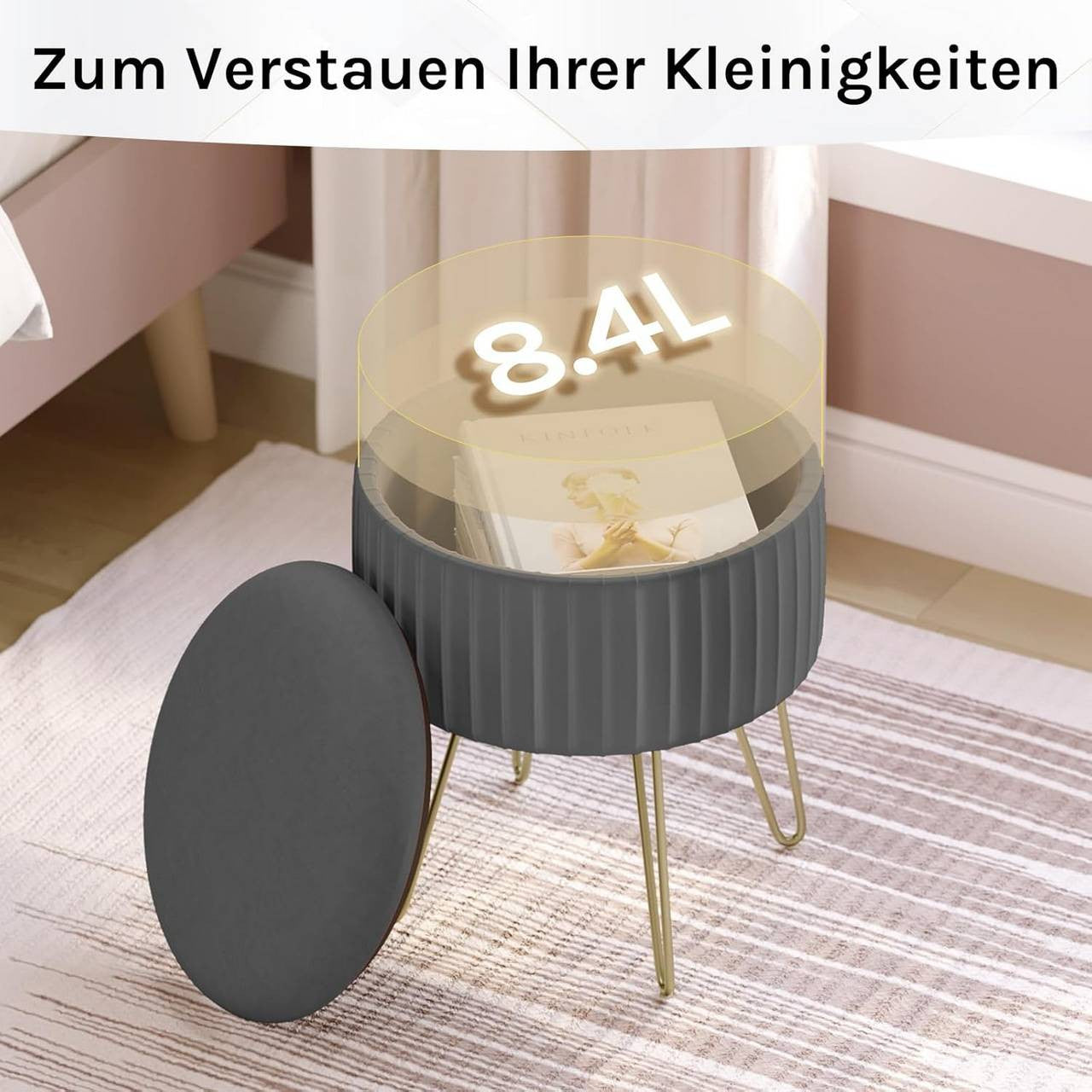 24goodz Round Storage Stool - Comfortable Velvet Seating - Stable Metal Legs - MDF - For Living Room and Bedroom - Dark Grey