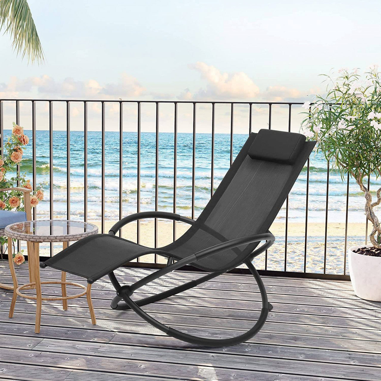 24goodz Garden Recliner Chair - High-Quality Materials - Foldable and Portable - Textilene - For Outdoor Relaxation - Grey/Black - sz