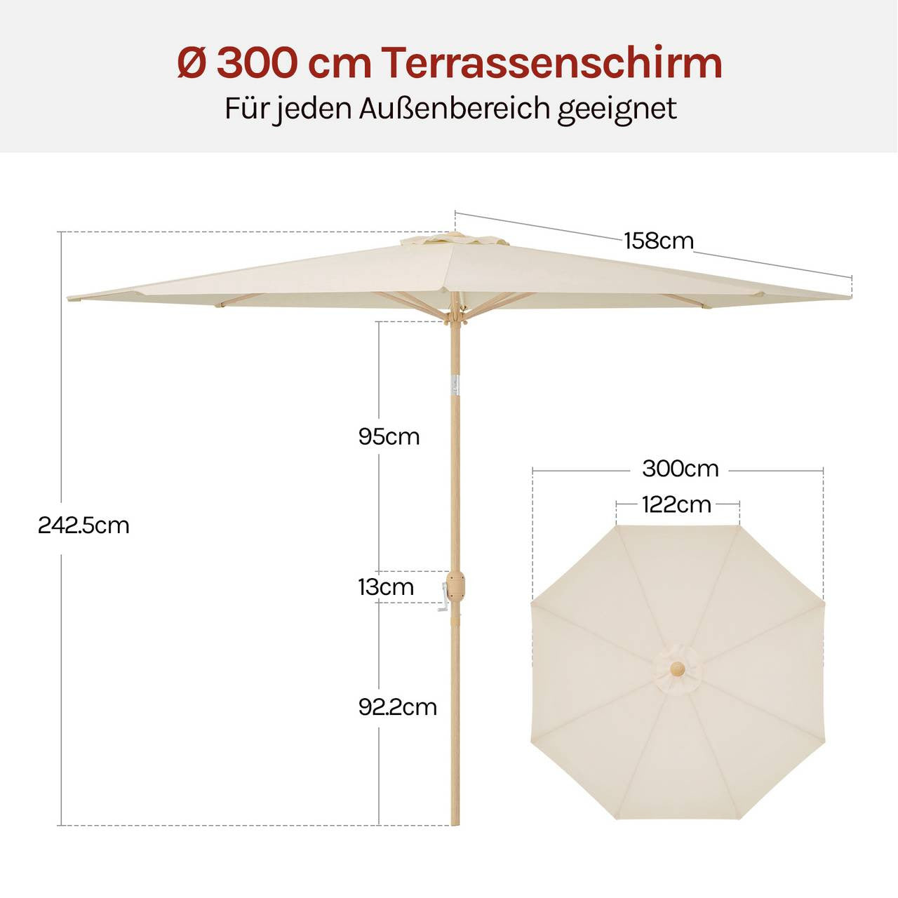 24goodz Parasol φ300 cm - Easy to Open and Close - Durable Polyester - For Outdoor Relaxation - Beige