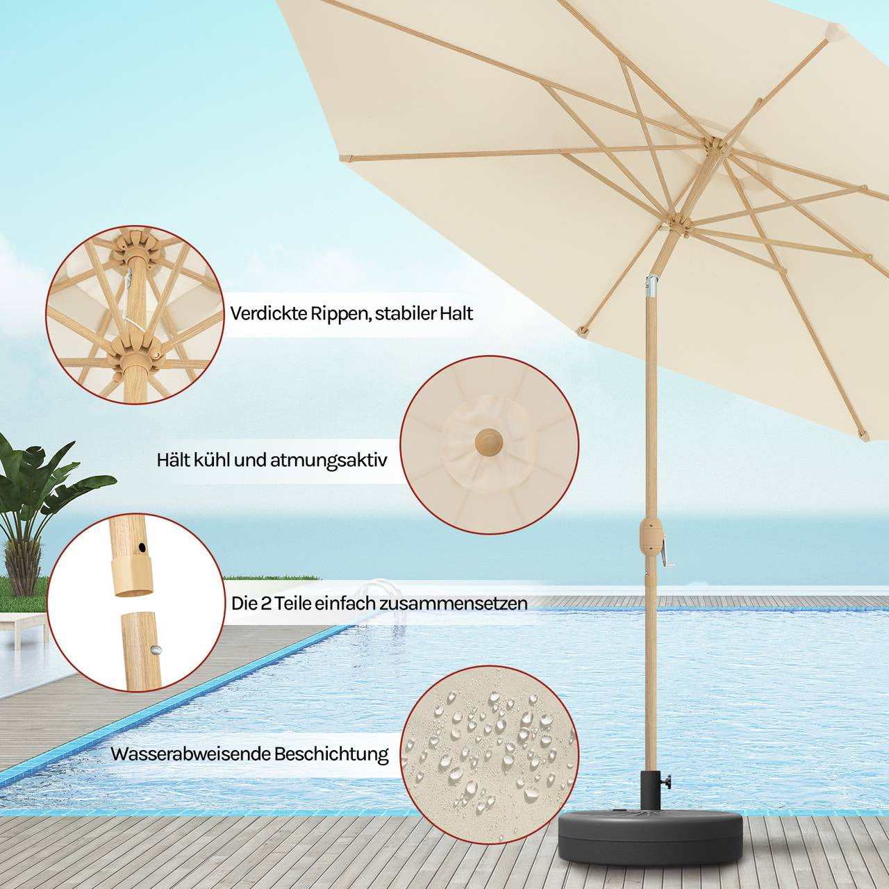 24goodz Parasol φ300 cm - Easy to Open and Close - Durable Polyester - For Outdoor Relaxation - Beige