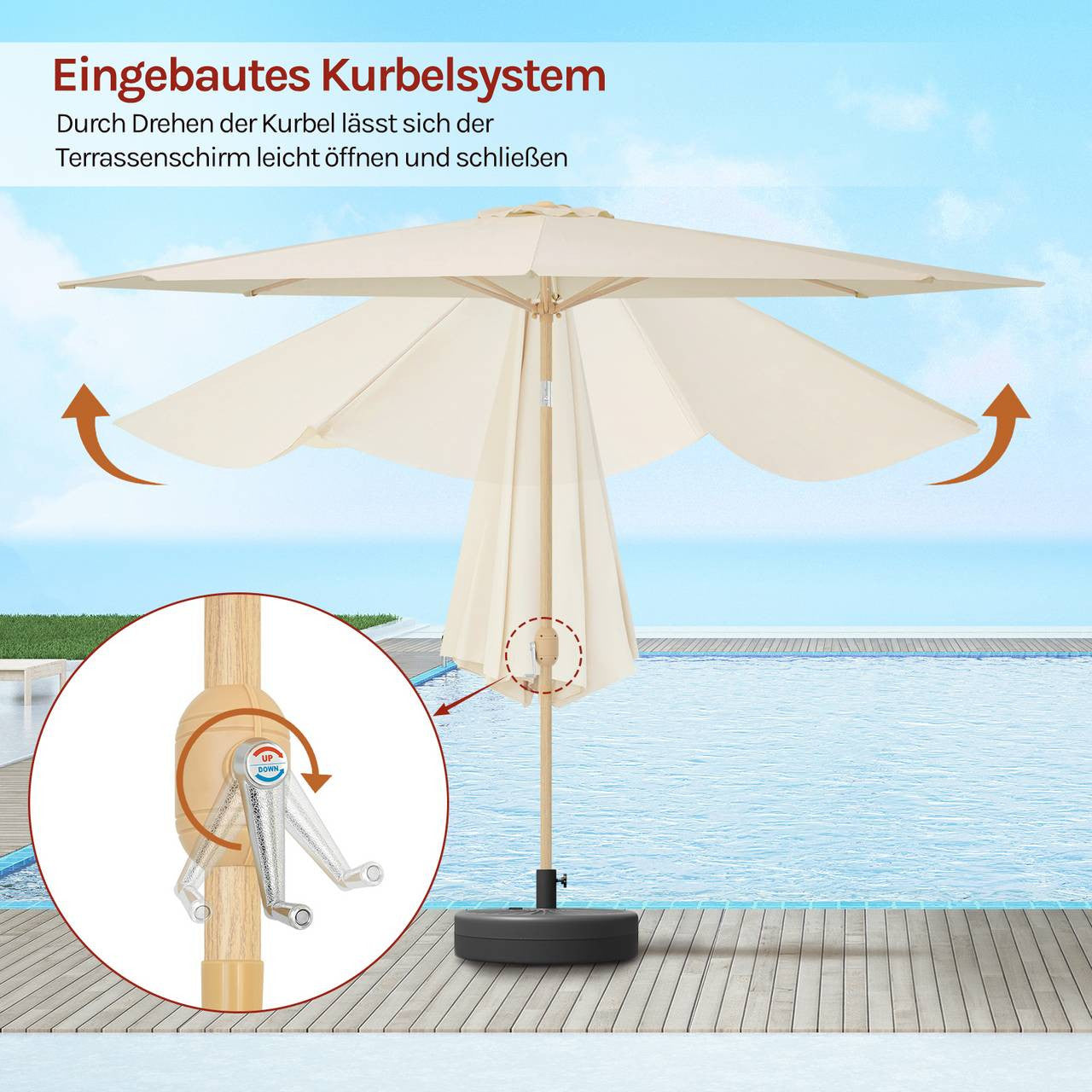 24goodz Parasol φ300 cm - Easy to Open and Close - Durable Polyester - For Outdoor Relaxation - Beige