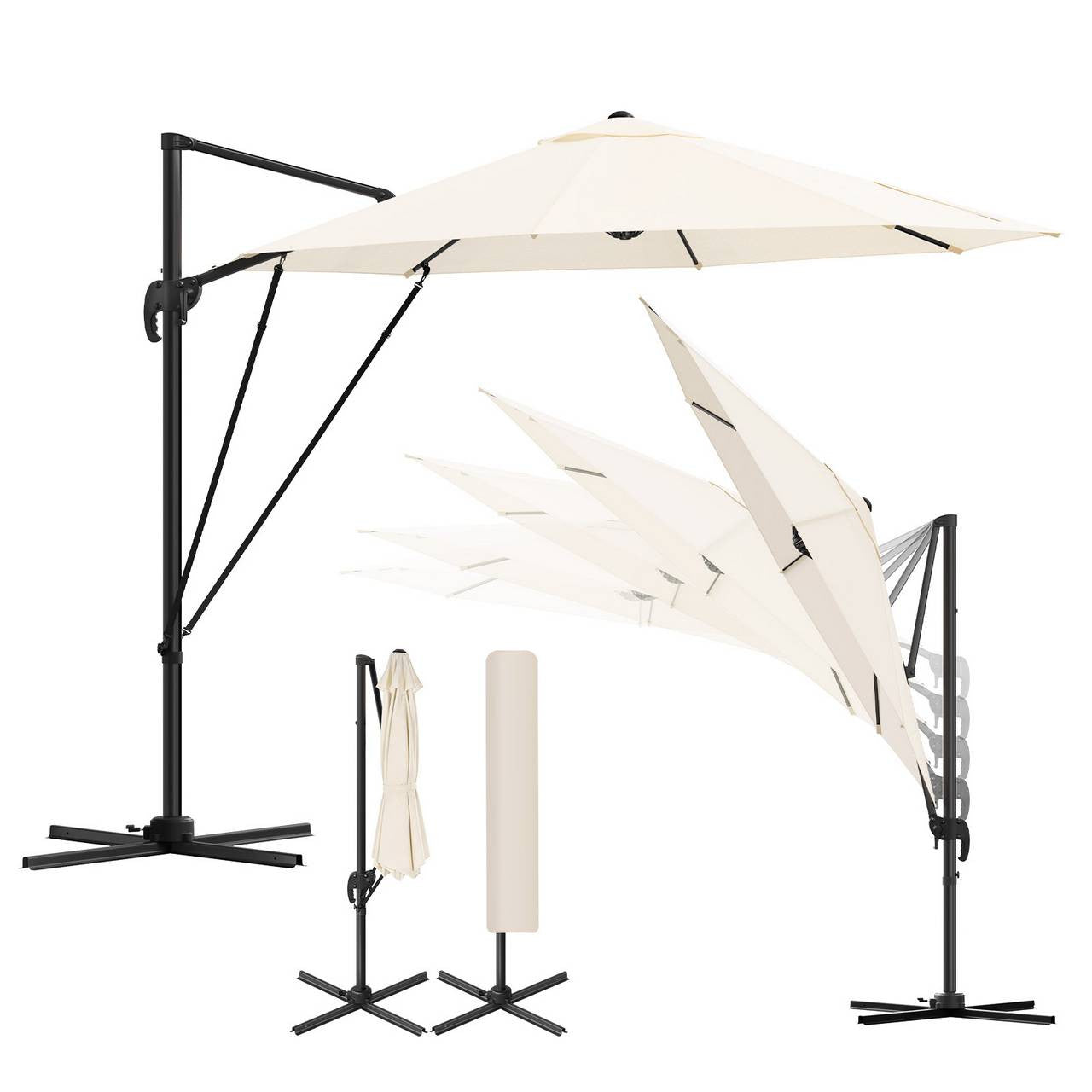 24goodz Parasol - 360° Rotatable - Robust and Durable - Metal + Polyester - Beige/Dark Grey - Ø 295 x 256 cm