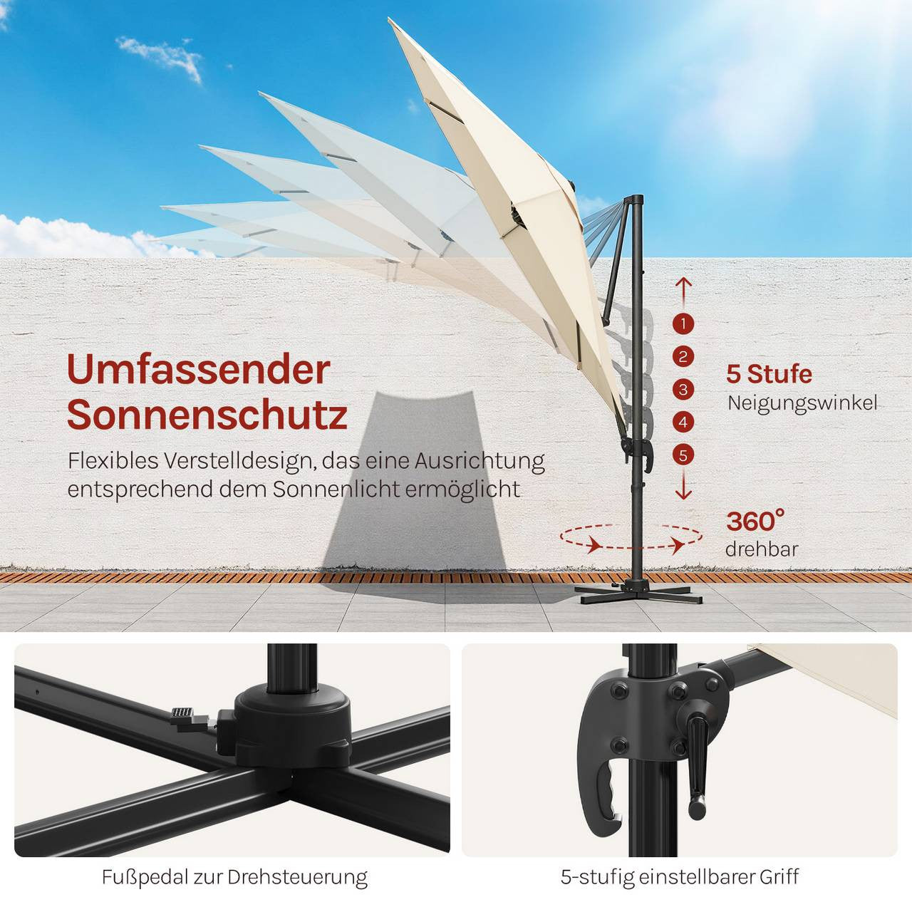 24goodz Parasol - 360° Rotatable - Robust and Durable - Metal + Polyester - Beige/Dark Grey - Ø 295 x 256 cm