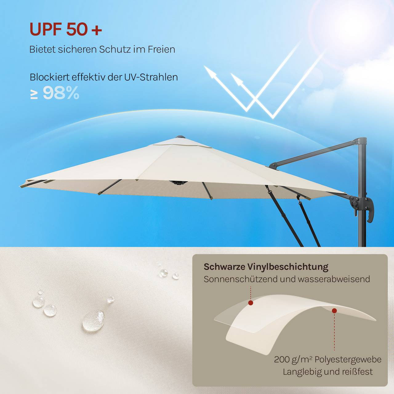 24goodz Parasol - 360° Rotatable - Robust and Durable - Metal + Polyester - Beige/Dark Grey - Ø 295 x 256 cm