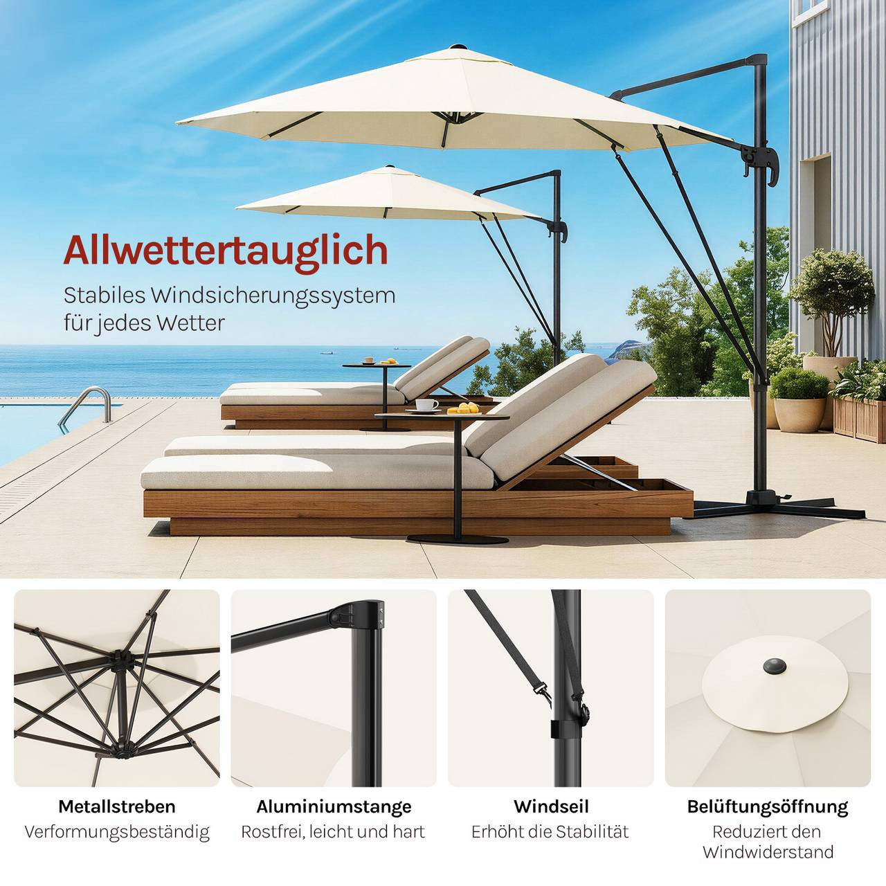 24goodz Parasol - 360° Rotatable - Robust and Durable - Metal + Polyester - Beige/Dark Grey - Ø 295 x 256 cm