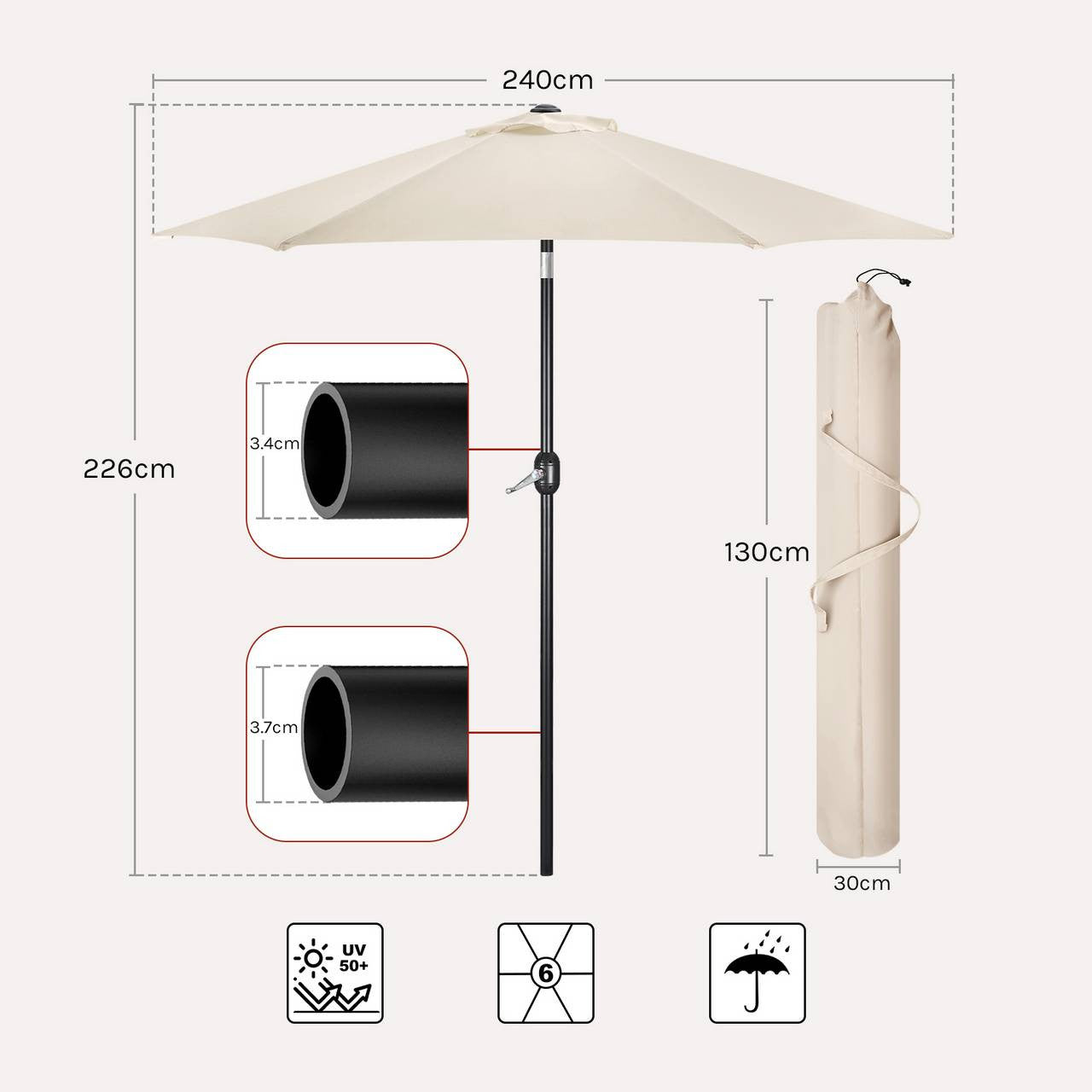 24goodz Beach Parasol - UV Resistant - 45° Adjustable - Polyester - For Outdoor Activities - Beige 240 cm