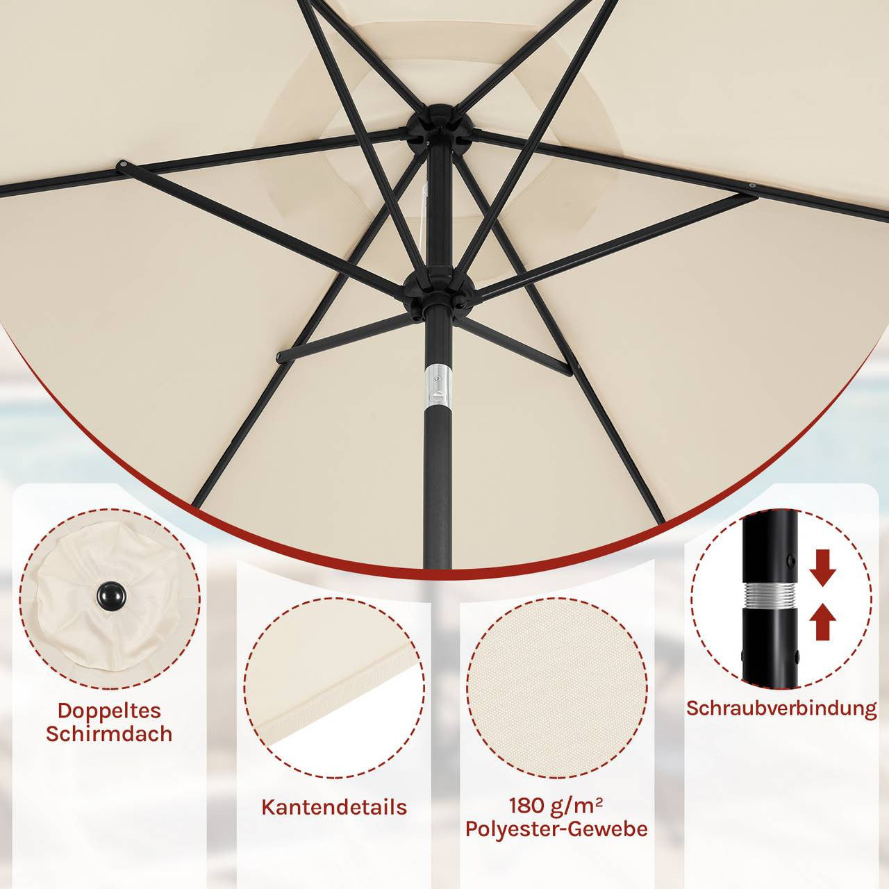 24goodz Beach Parasol - UV-Resistant Protection - 45° Adjustable Tilt - Polyester - For Outdoor Activities - Beige 270 cm